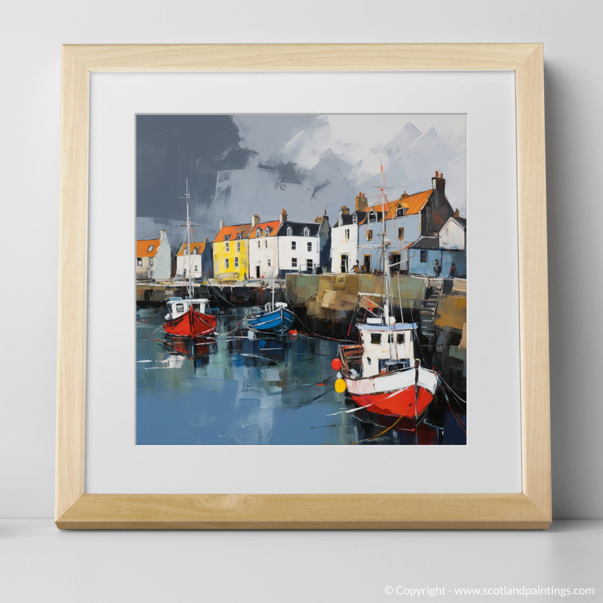 Art Print of St Monans Harbour with a stormy sky with a natural frame