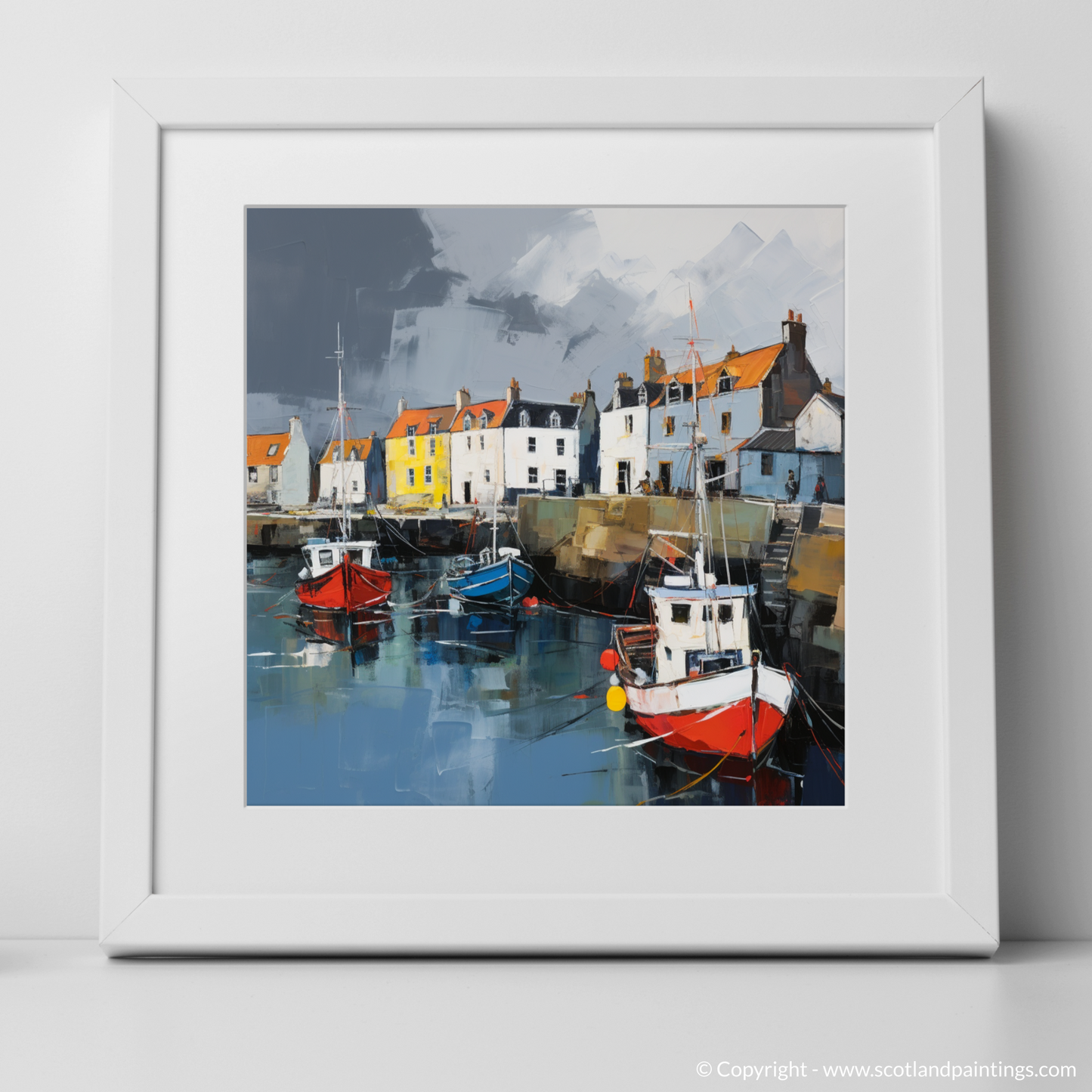 Art Print of St Monans Harbour with a stormy sky with a white frame