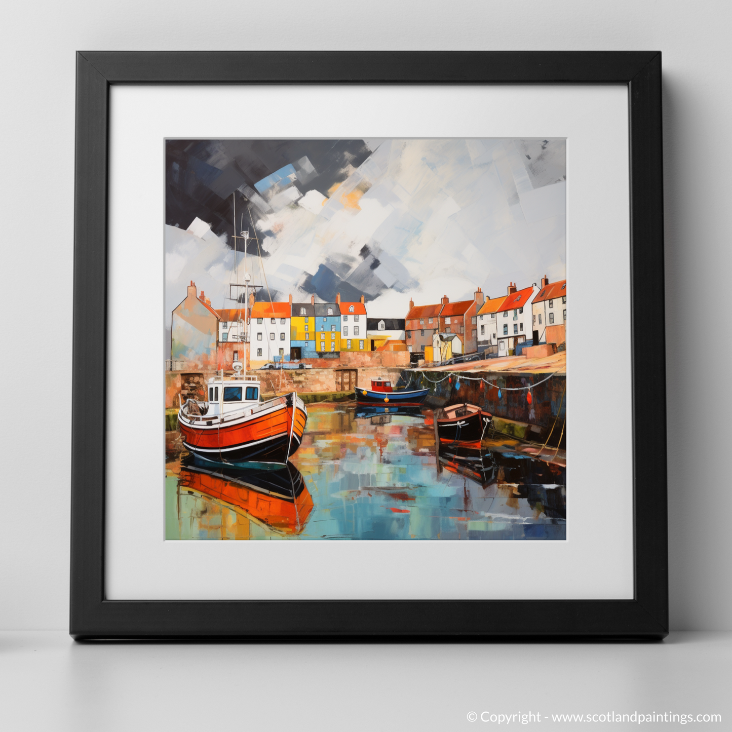 Art Print of St Monans Harbour with a stormy sky with a black frame