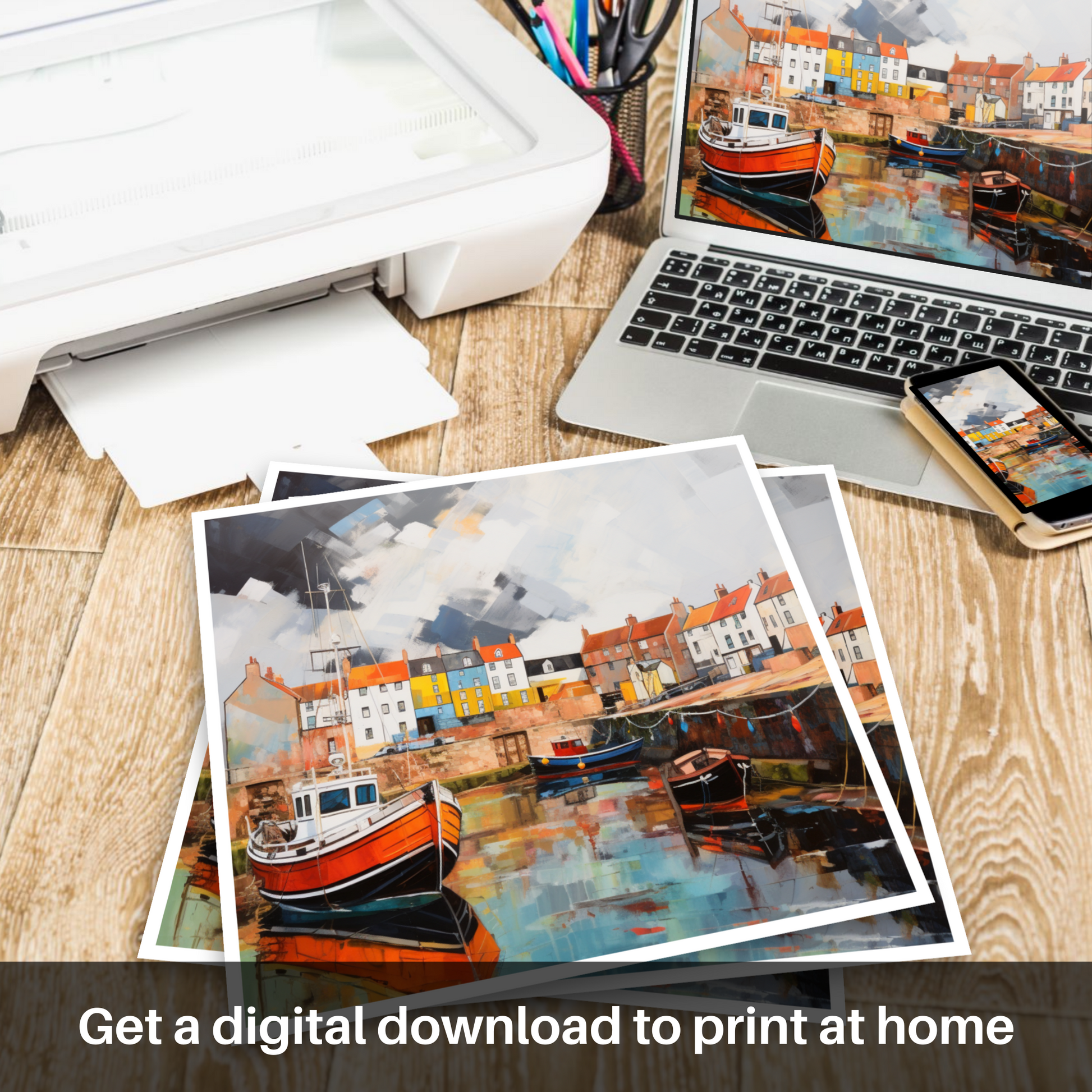 Downloadable and printable picture of St Monans Harbour with a stormy sky