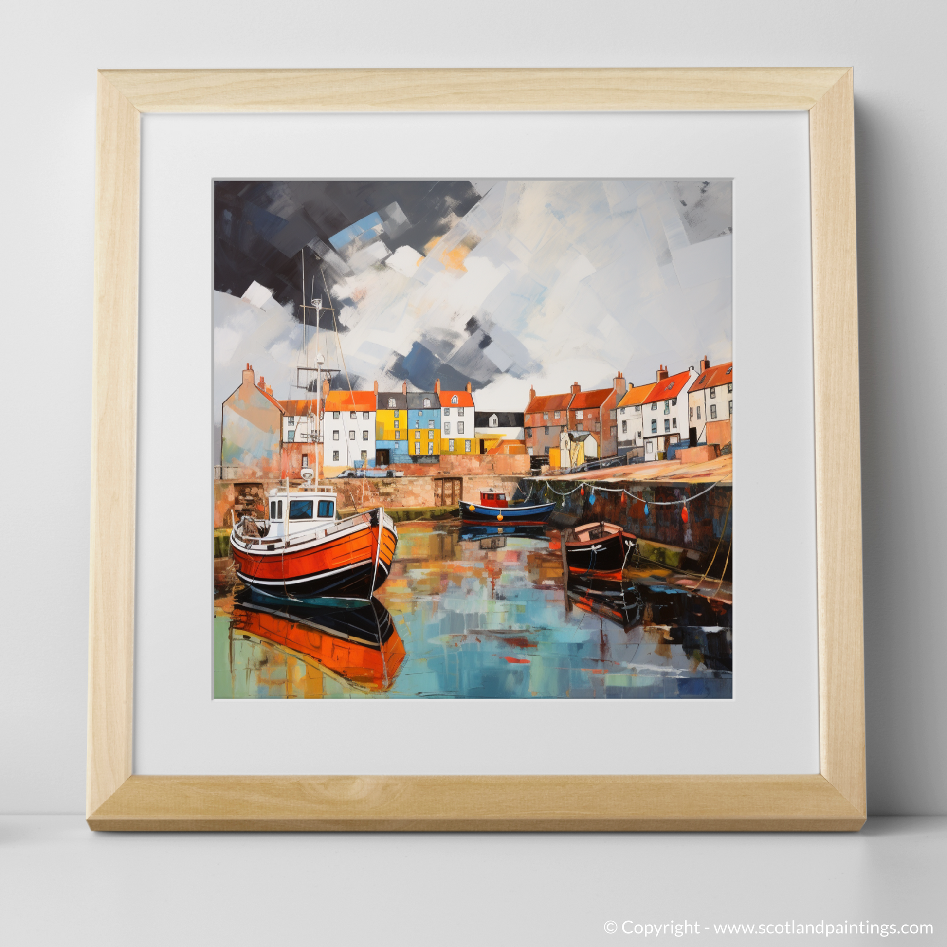 Art Print of St Monans Harbour with a stormy sky with a natural frame