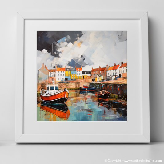 Art Print of St Monans Harbour with a stormy sky with a white frame