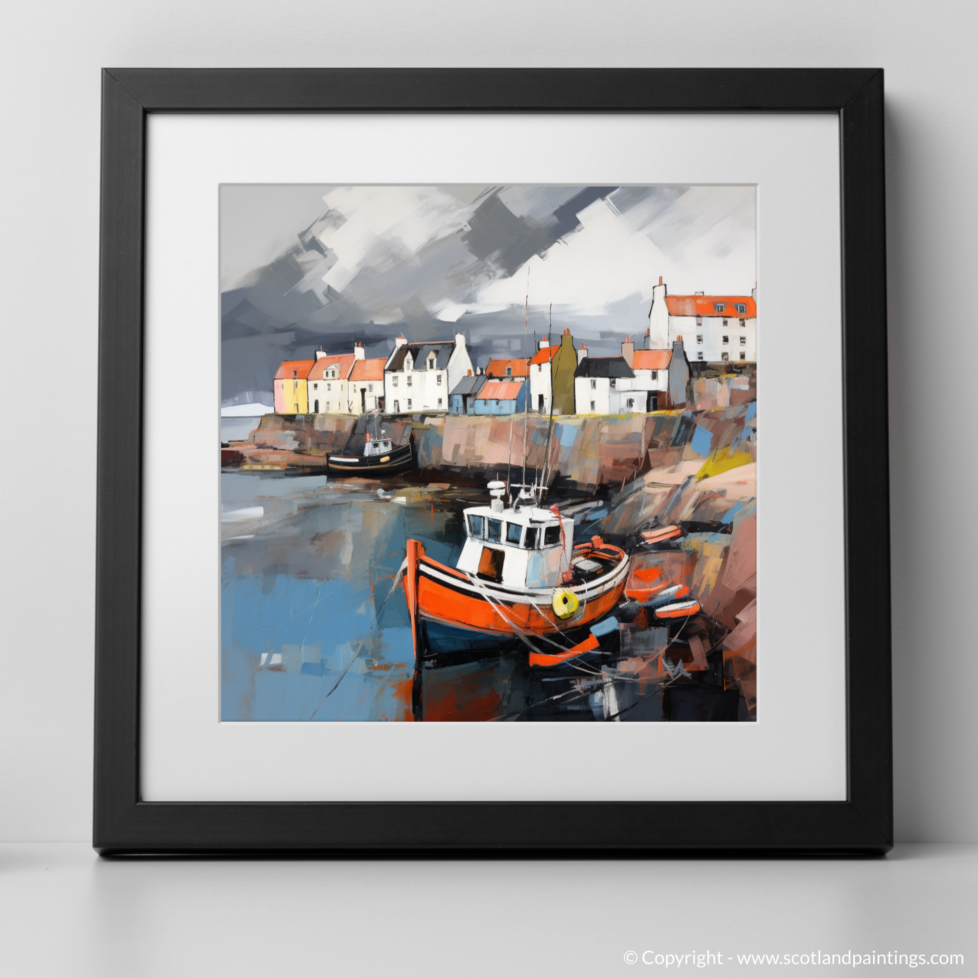 Art Print of St Monans Harbour with a stormy sky with a black frame