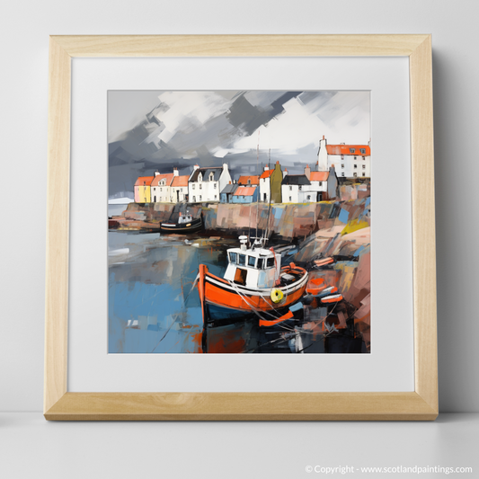 Art Print of St Monans Harbour with a stormy sky with a natural frame