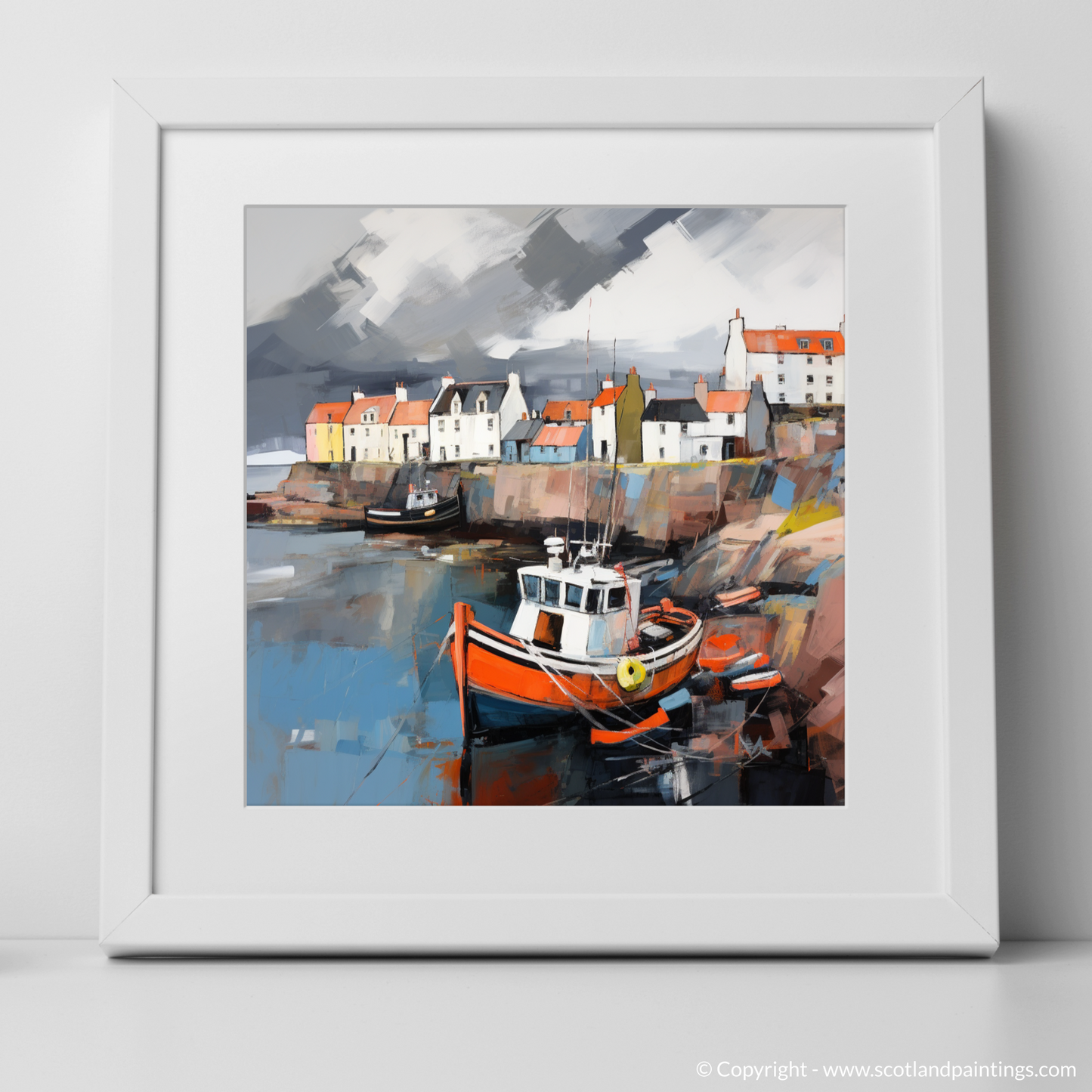 Art Print of St Monans Harbour with a stormy sky with a white frame