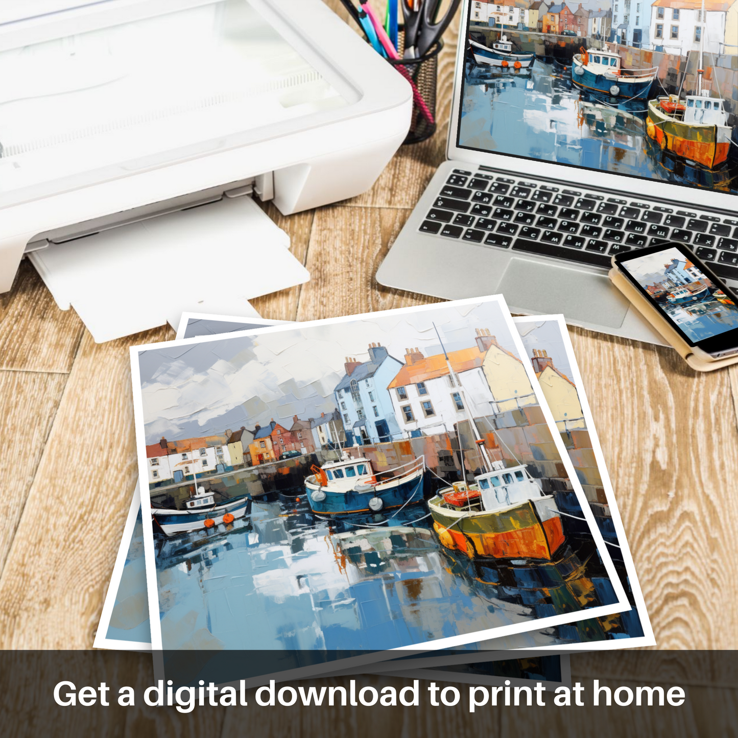 Painting and Art Print of St Monans Harbour with a stormy sky. Storm Over St Monans: An Expressionist Ode to Scottish Harbours.