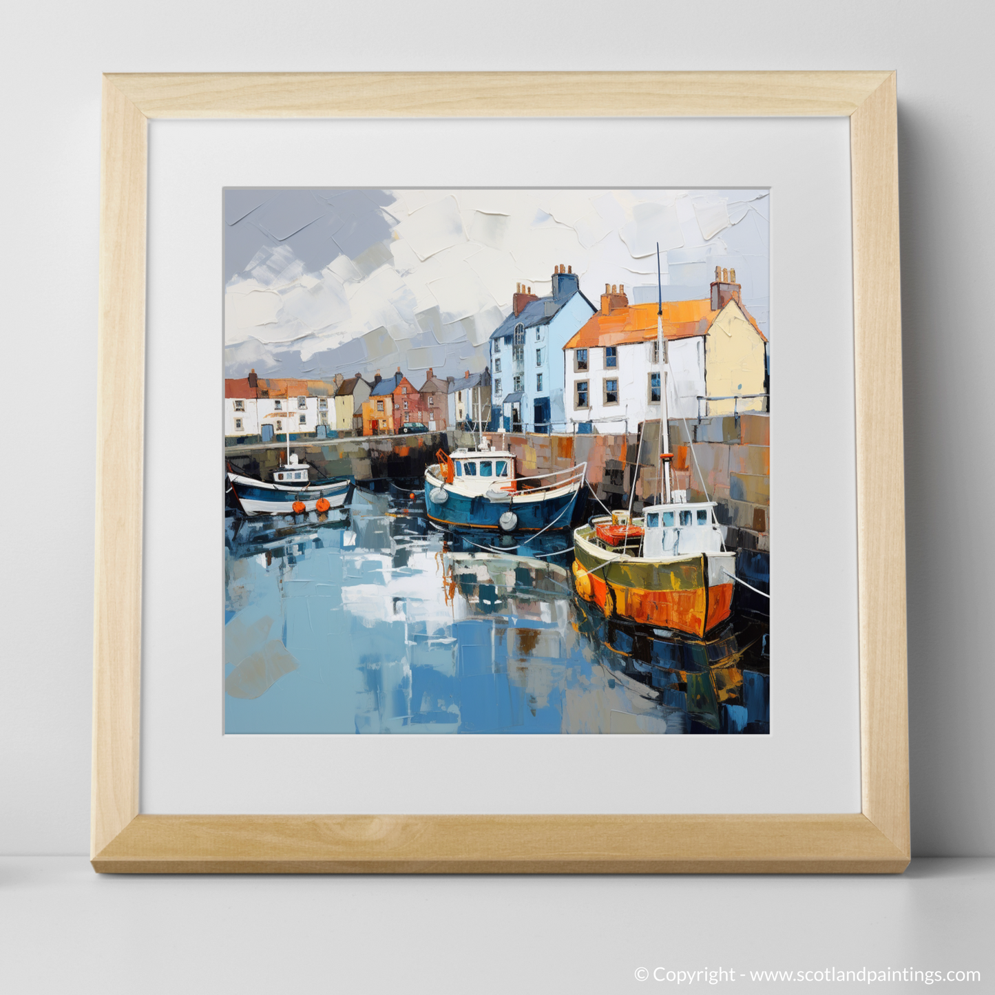 Painting and Art Print of St Monans Harbour with a stormy sky. Storm Over St Monans: An Expressionist Ode to Scottish Harbours.