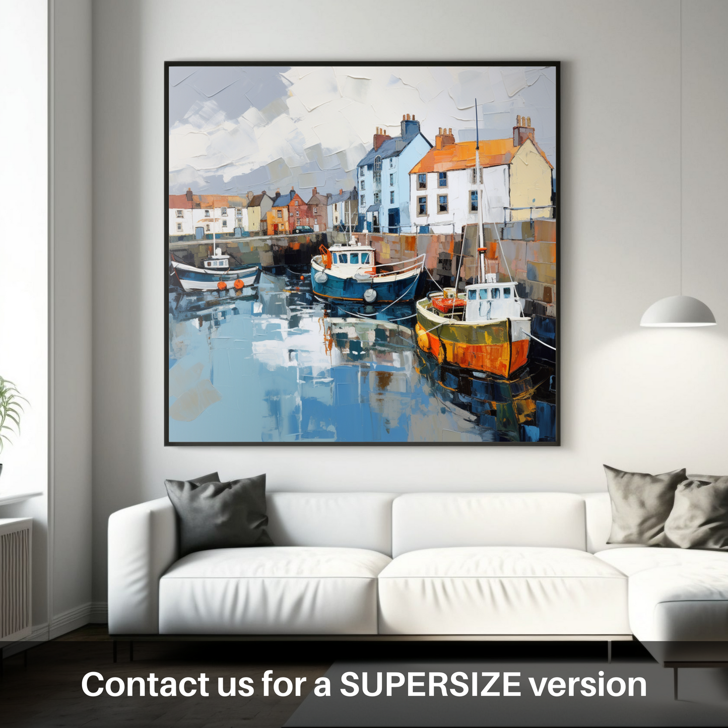 Painting and Art Print of St Monans Harbour with a stormy sky. Storm Over St Monans: An Expressionist Ode to Scottish Harbours.