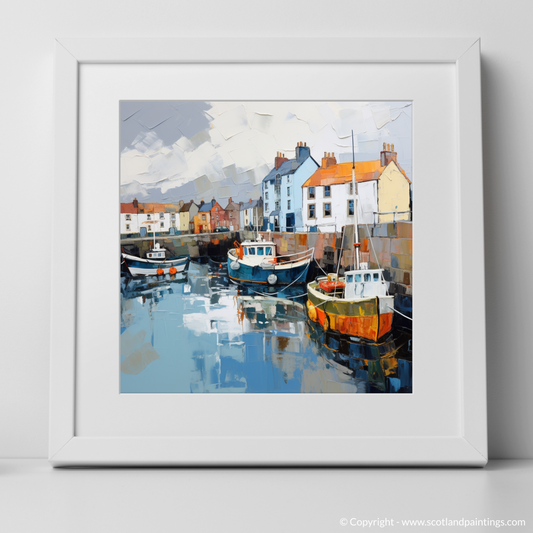 Painting and Art Print of St Monans Harbour with a stormy sky. Storm Over St Monans: An Expressionist Ode to Scottish Harbours.