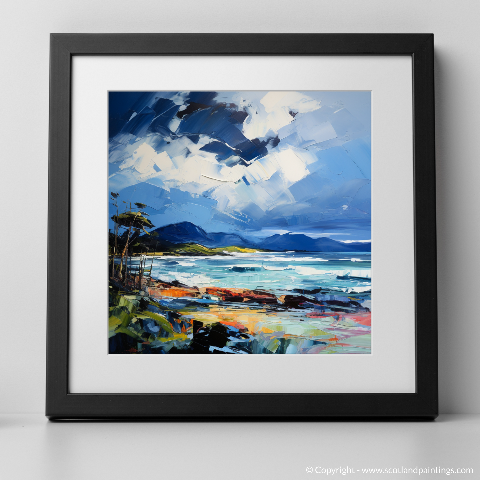 Art Print of Ardalanish Bay with a stormy sky with a black frame
