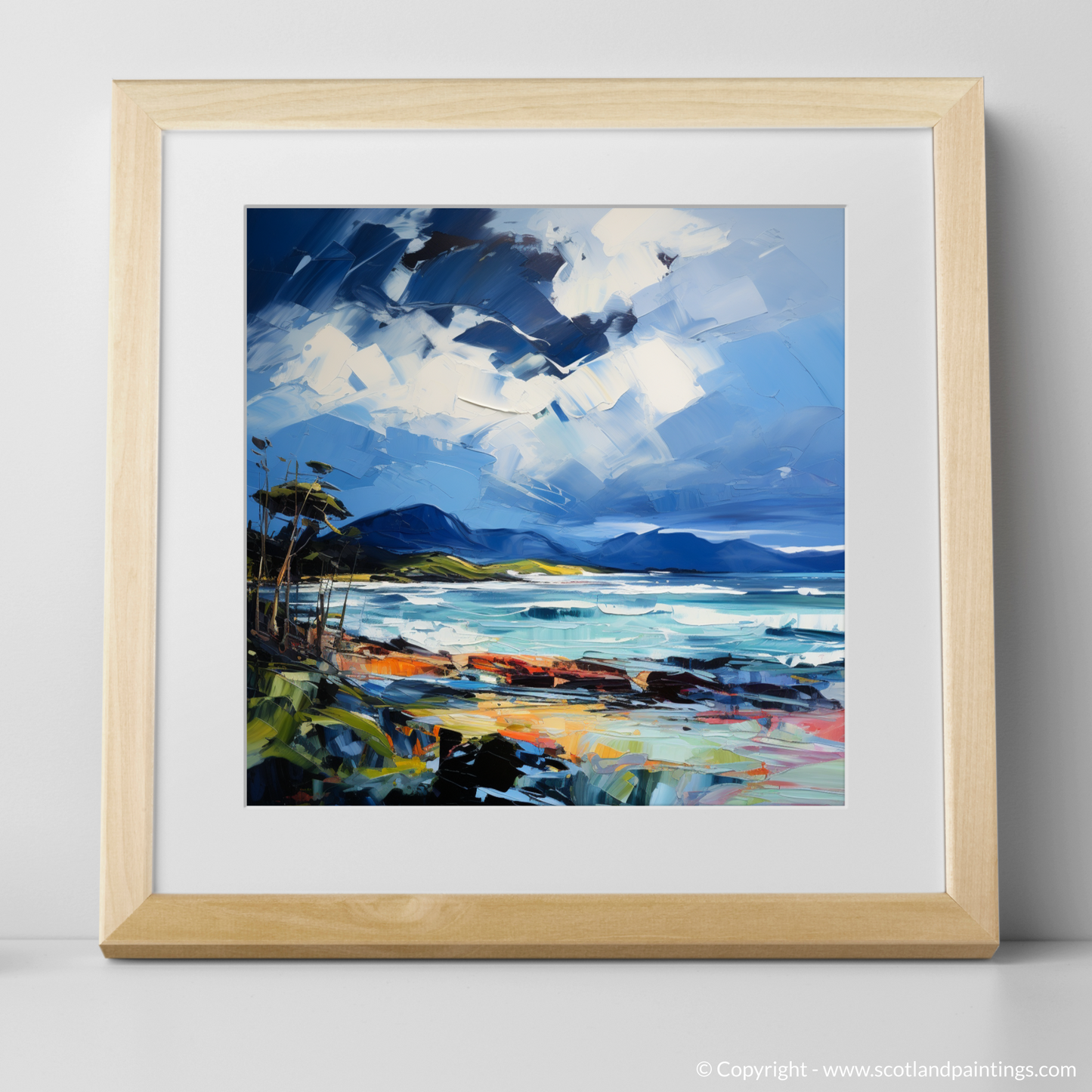 Art Print of Ardalanish Bay with a stormy sky with a natural frame