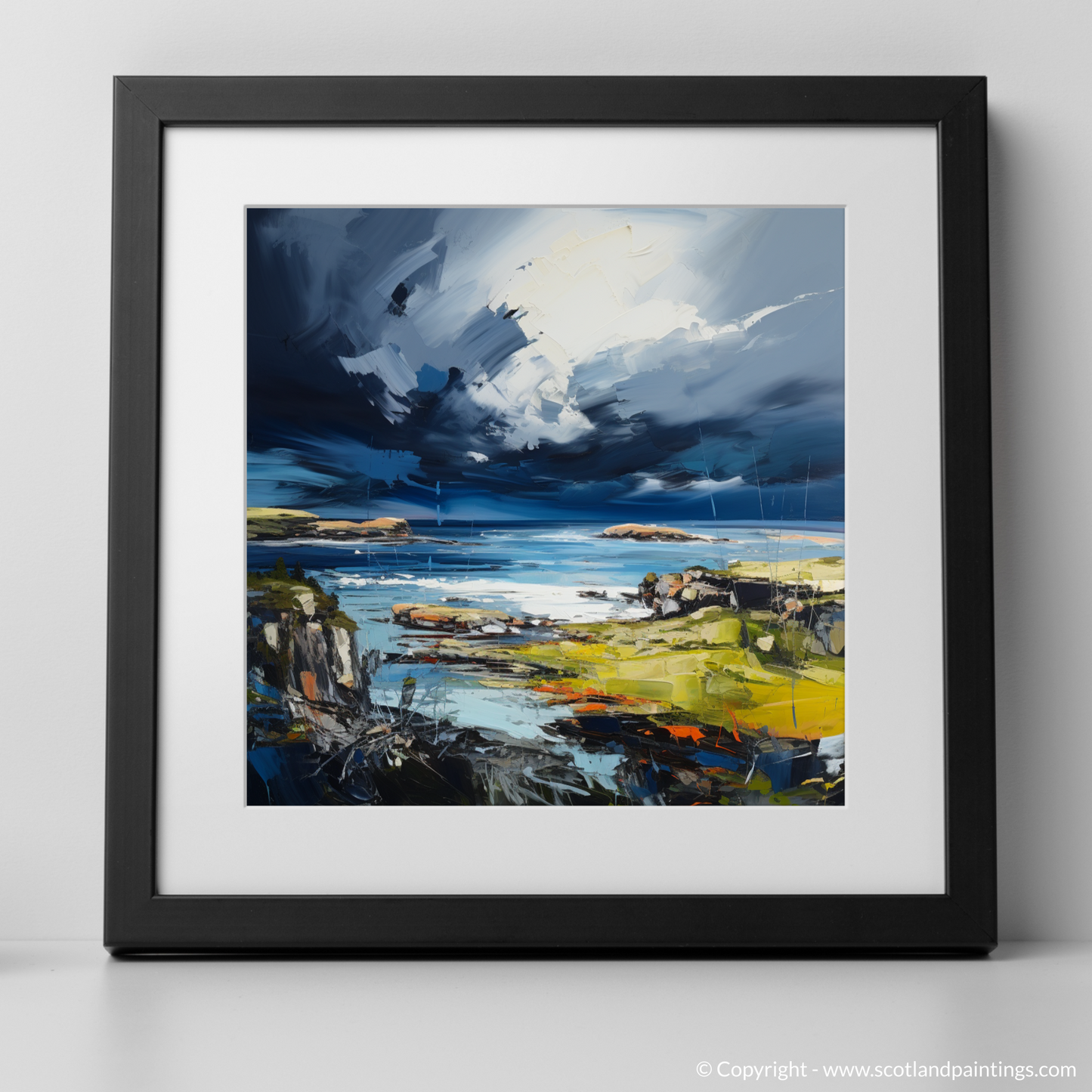 Art Print of Ardalanish Bay with a stormy sky with a black frame