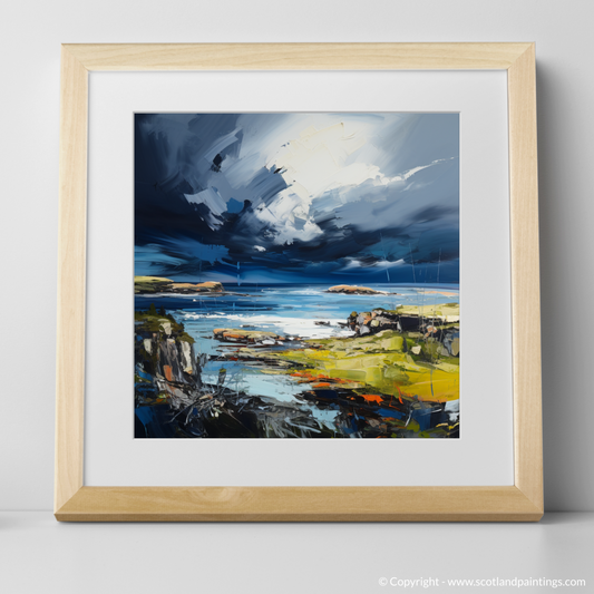 Art Print of Ardalanish Bay with a stormy sky with a natural frame