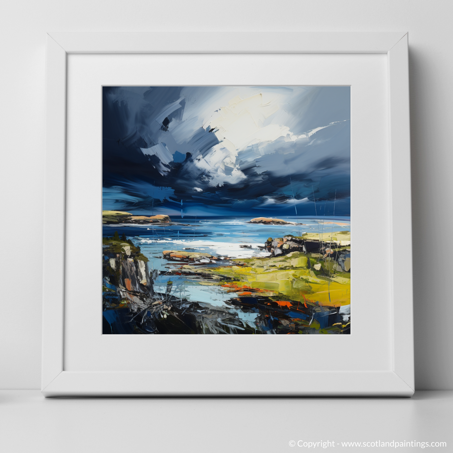 Art Print of Ardalanish Bay with a stormy sky with a white frame