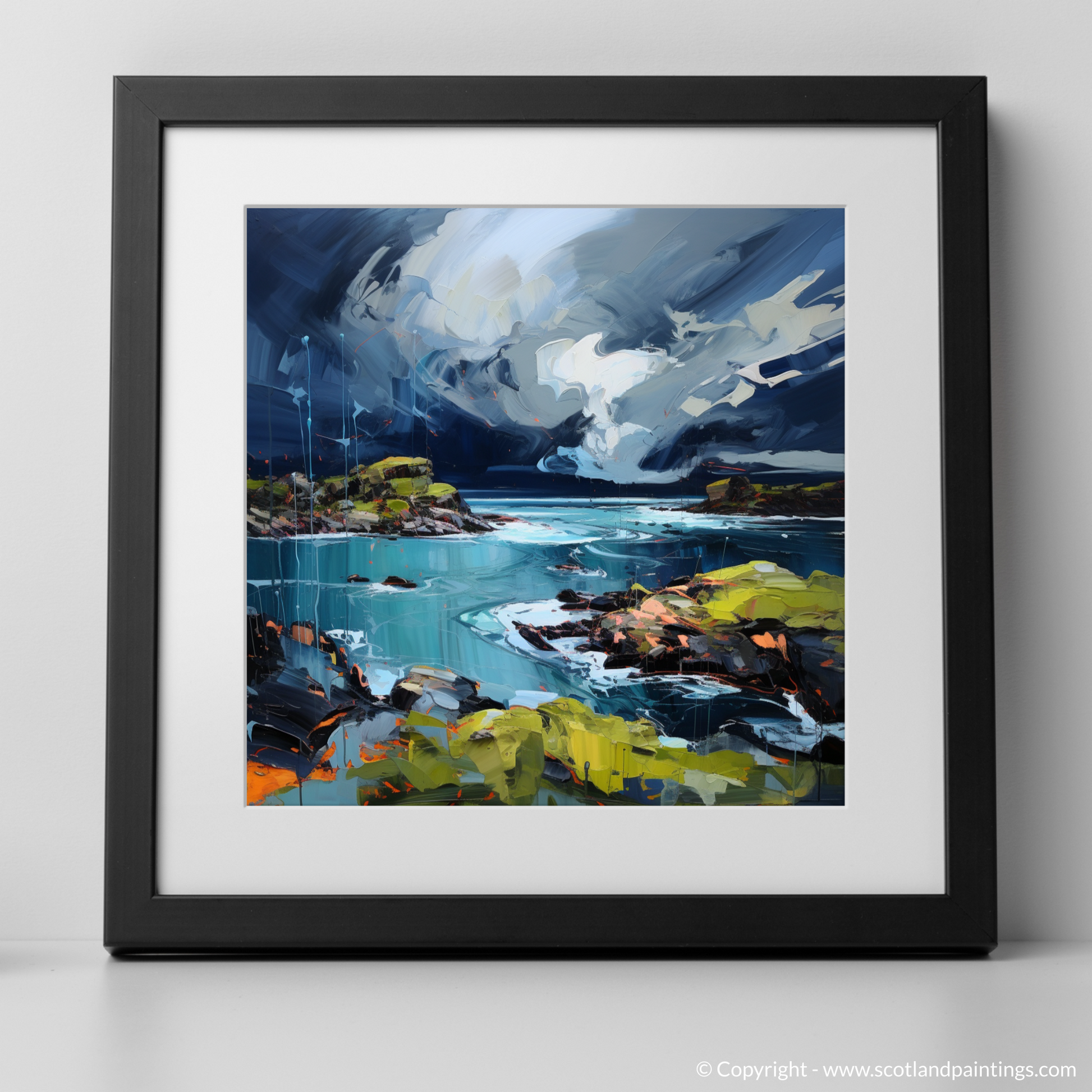 Art Print of Ardalanish Bay with a stormy sky with a black frame