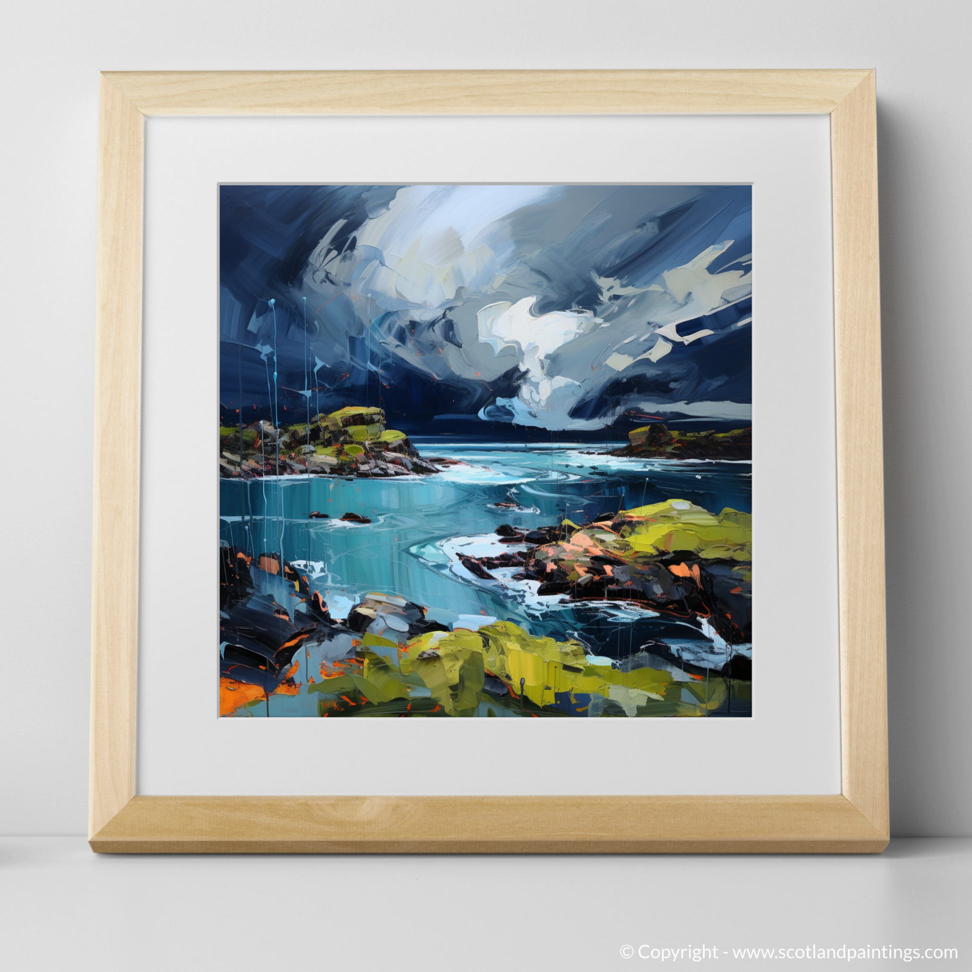 Art Print of Ardalanish Bay with a stormy sky with a natural frame