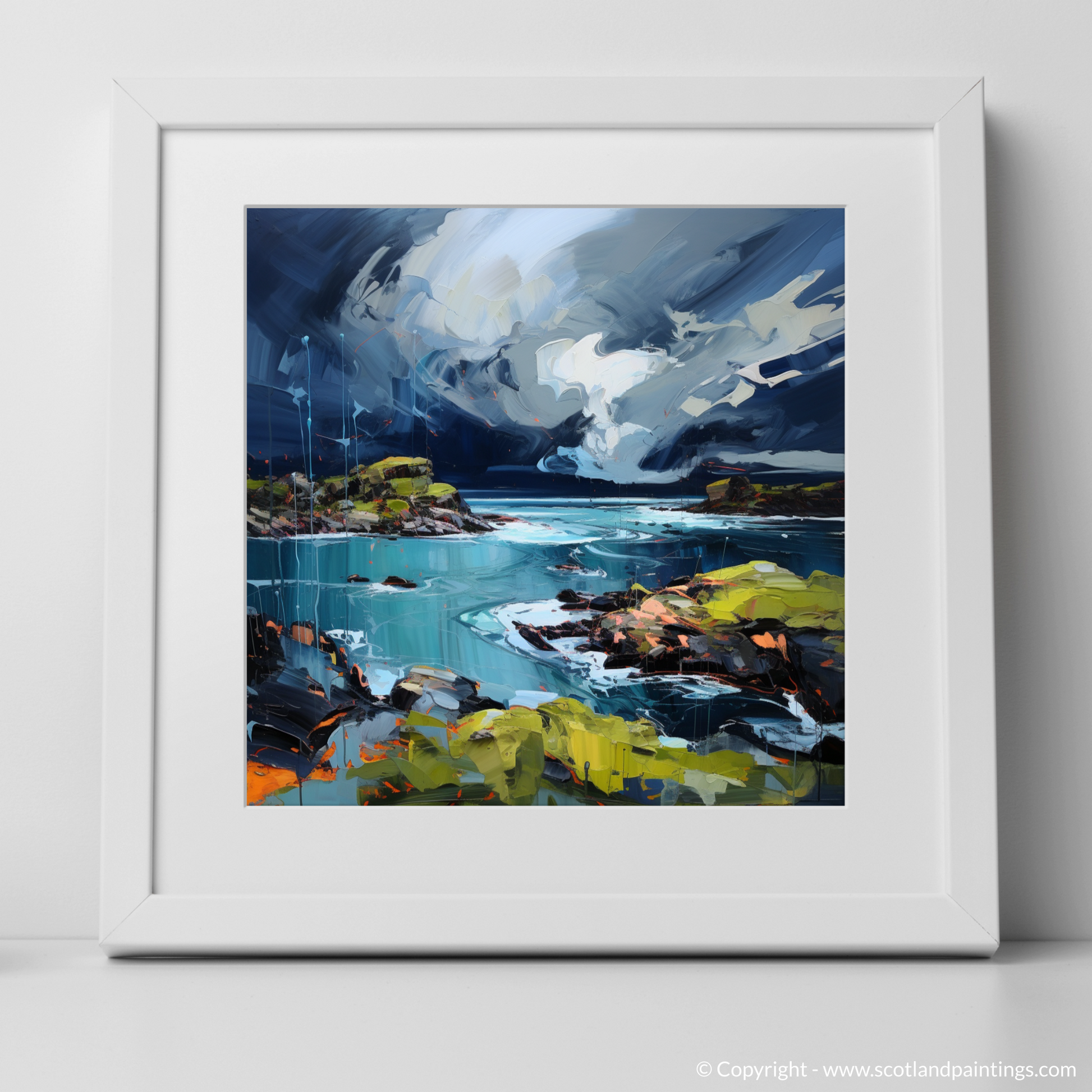 Art Print of Ardalanish Bay with a stormy sky with a white frame