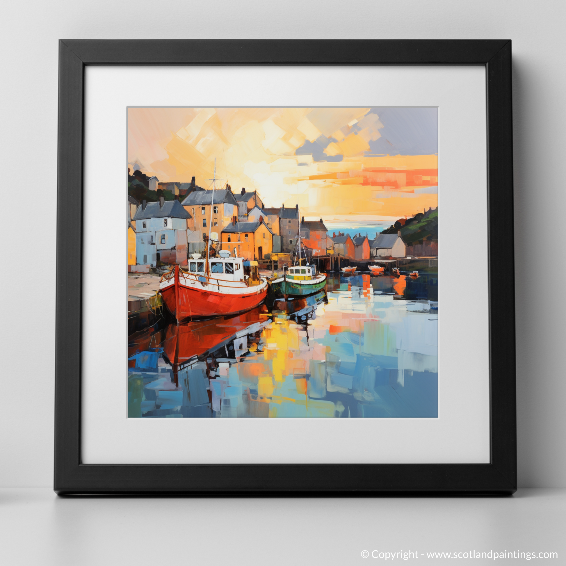 Art Print of Millport Harbour at golden hour with a black frame