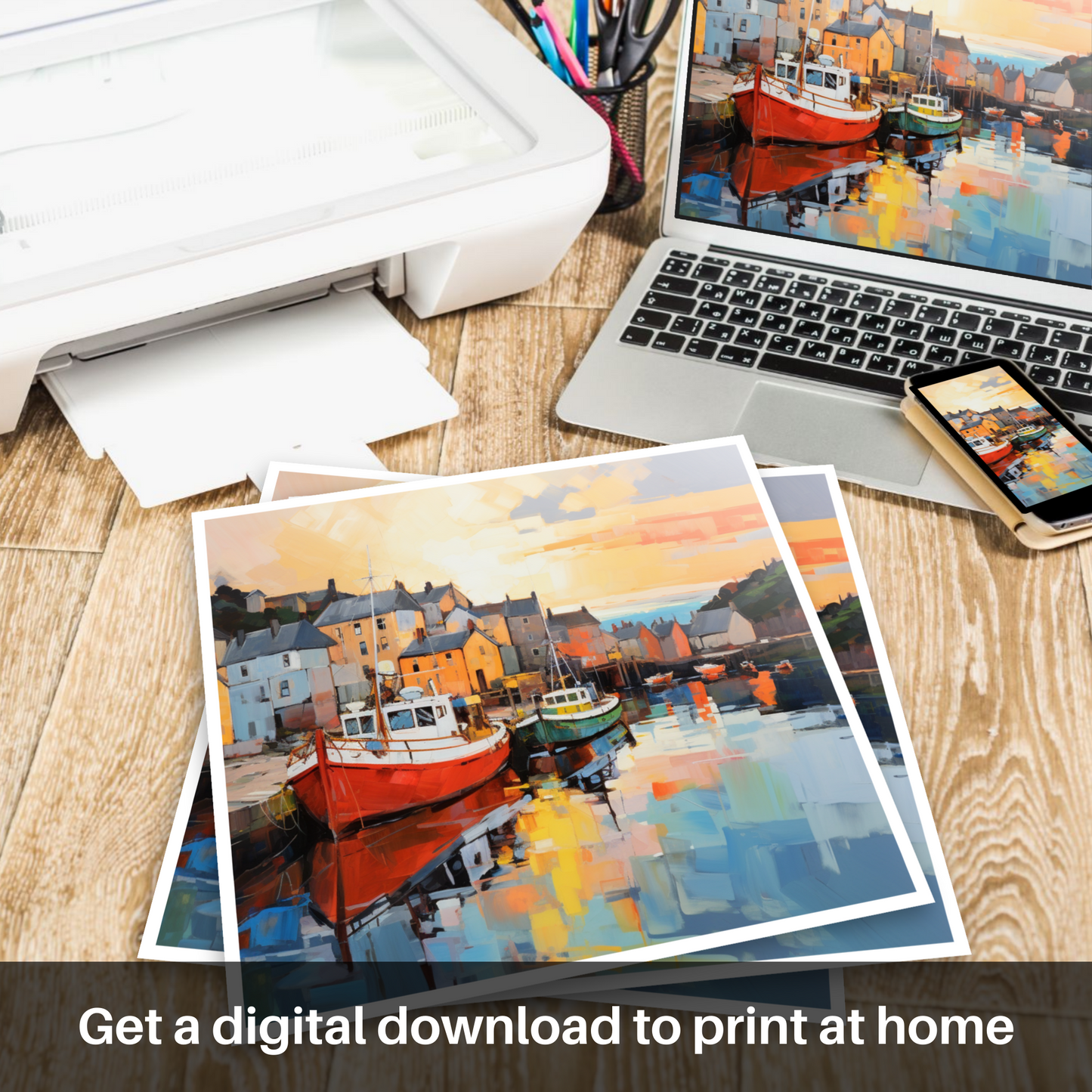 Downloadable and printable picture of Millport Harbour at golden hour
