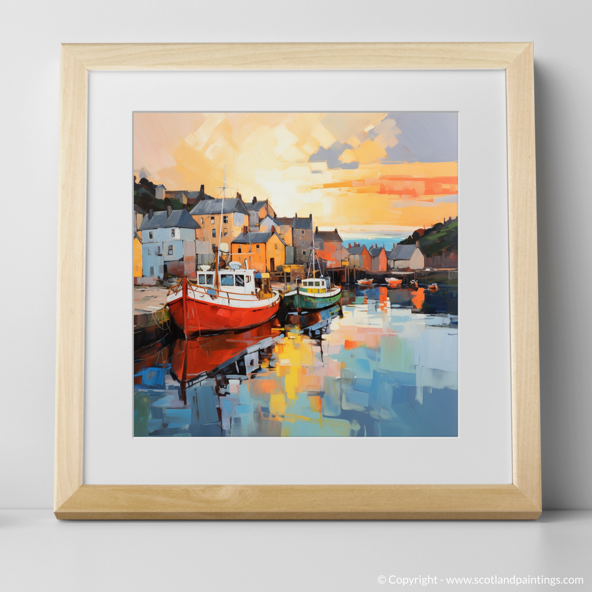 Art Print of Millport Harbour at golden hour with a natural frame