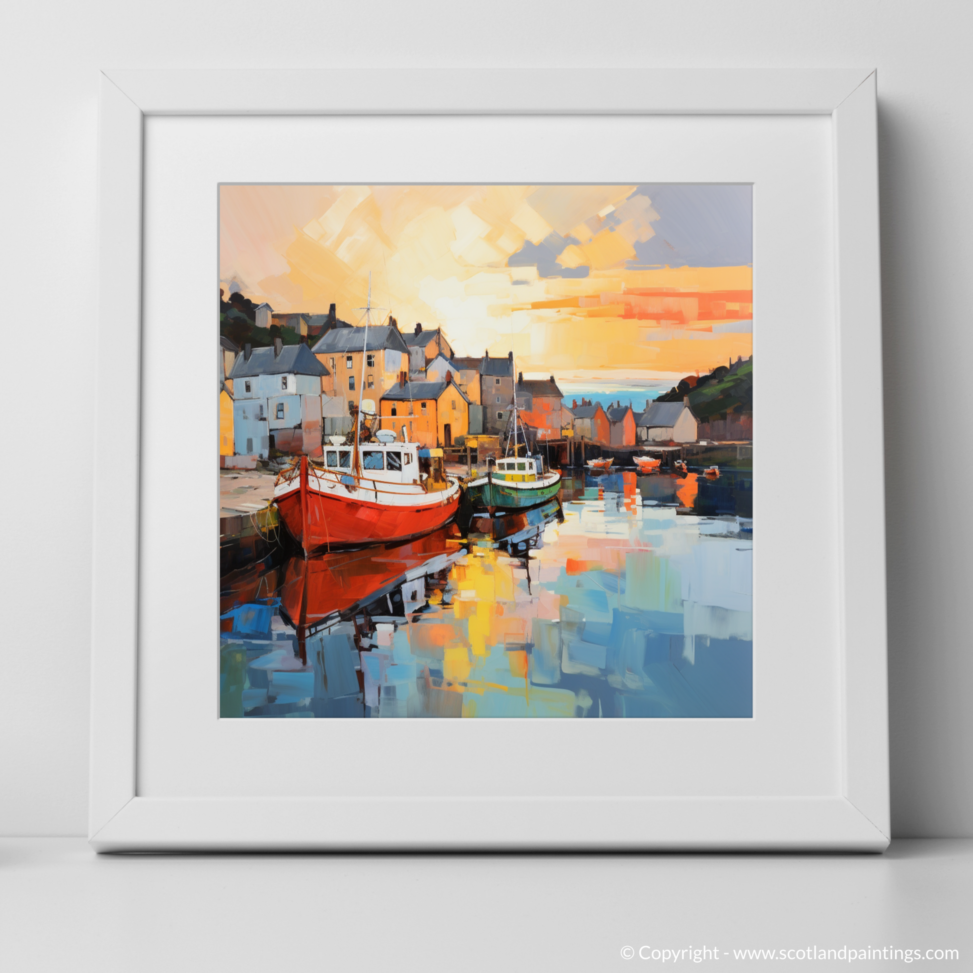 Art Print of Millport Harbour at golden hour with a white frame