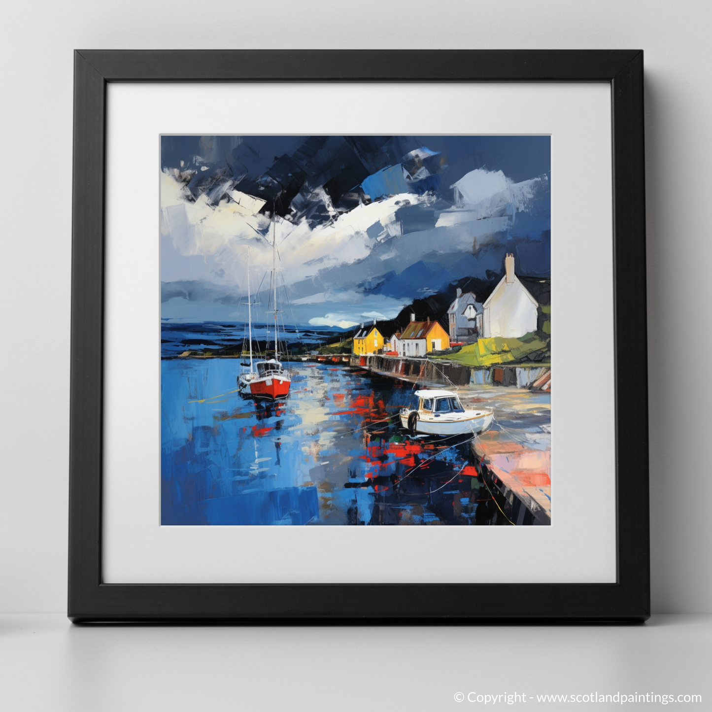 Art Print of Cromarty Harbour with a stormy sky with a black frame