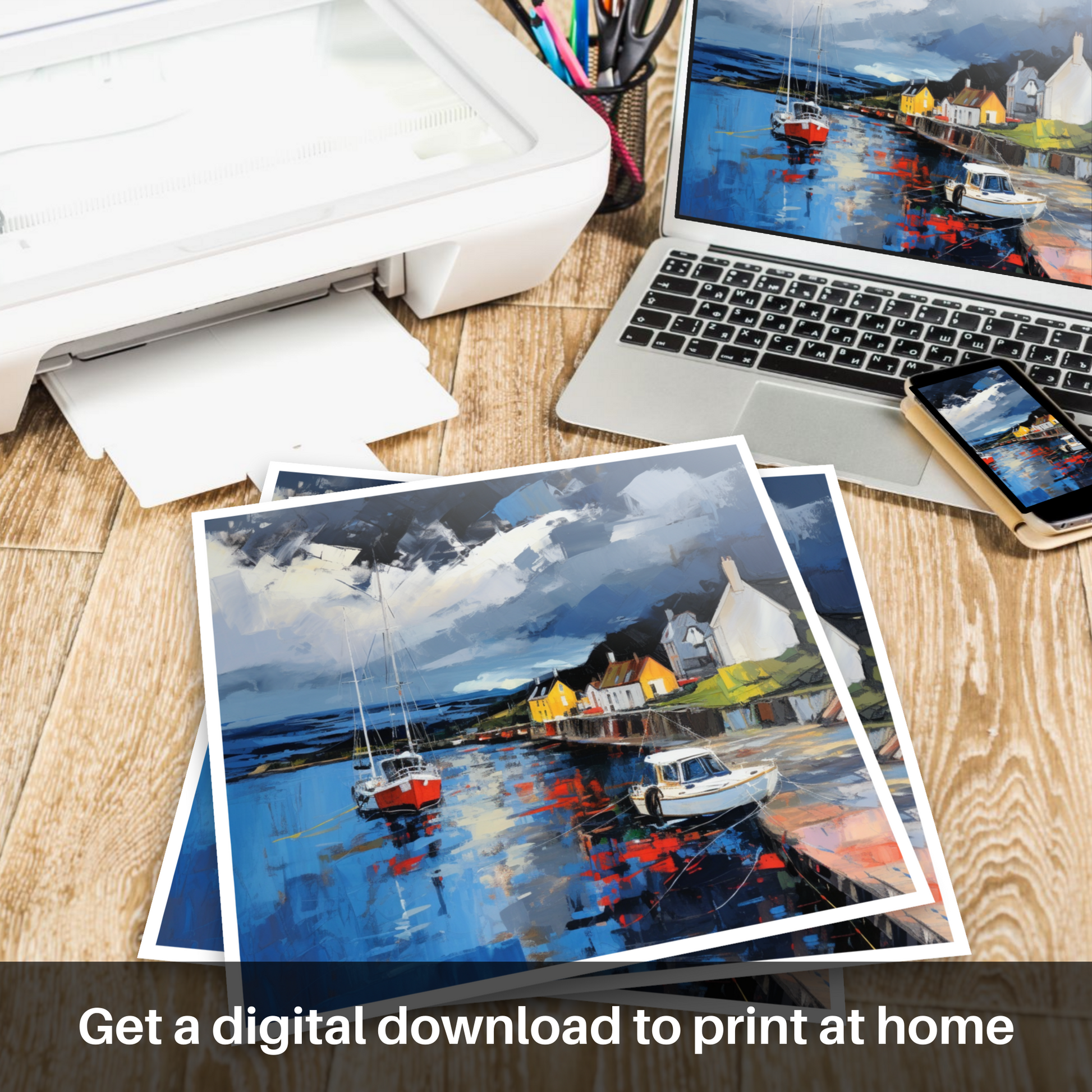 Downloadable and printable picture of Cromarty Harbour with a stormy sky