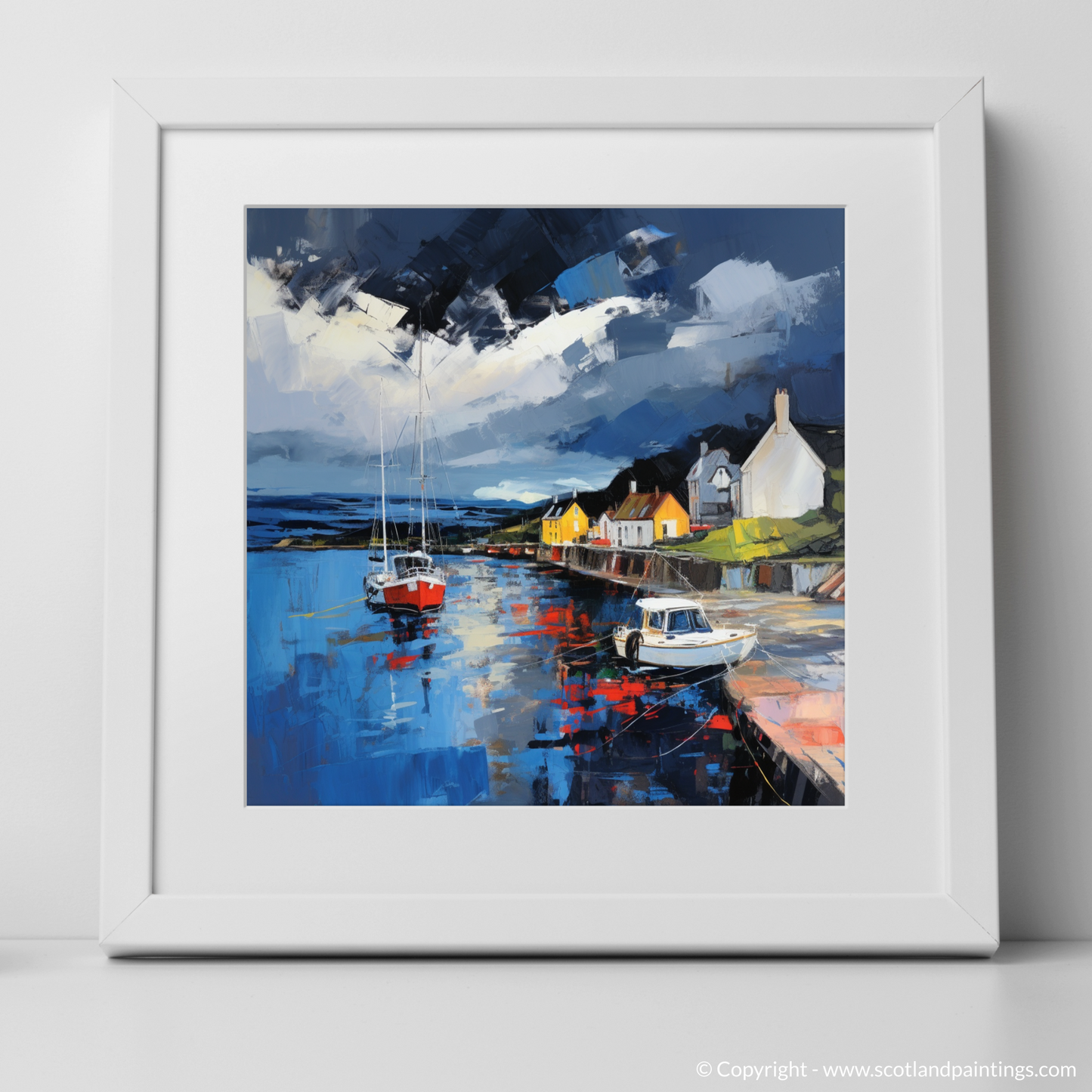 Art Print of Cromarty Harbour with a stormy sky with a white frame