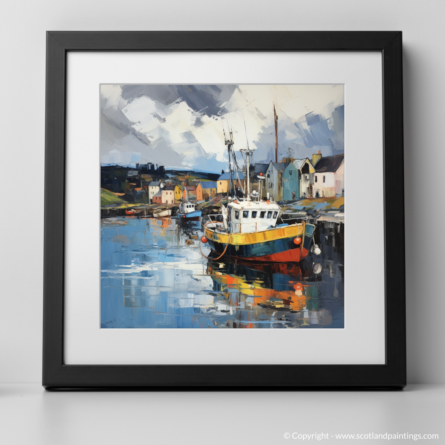Art Print of Cromarty Harbour with a stormy sky with a black frame