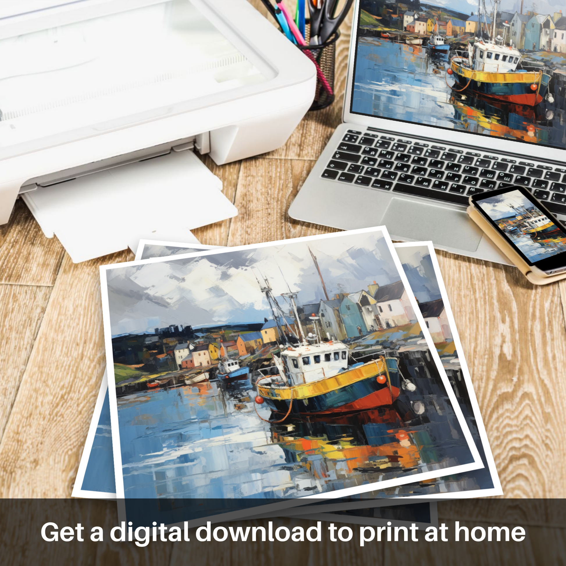 Downloadable and printable picture of Cromarty Harbour with a stormy sky