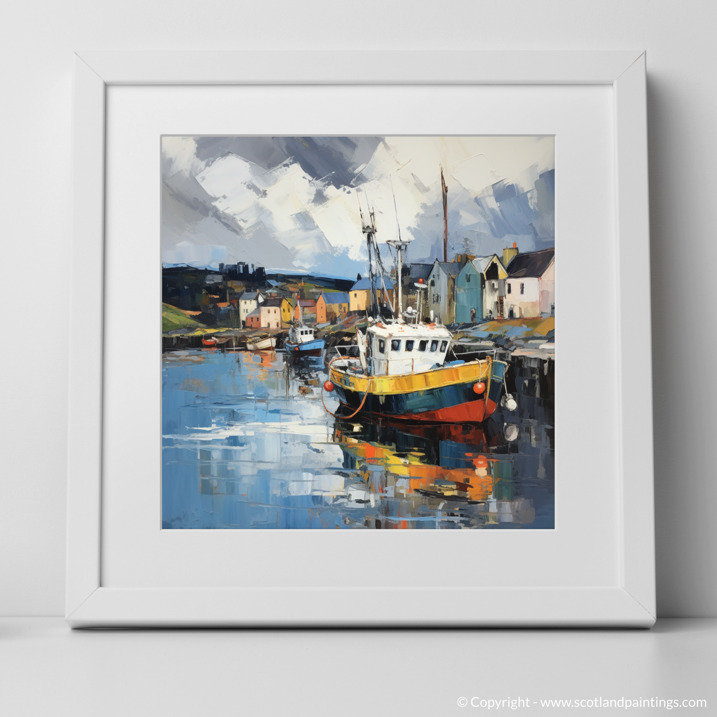 Art Print of Cromarty Harbour with a stormy sky with a white frame