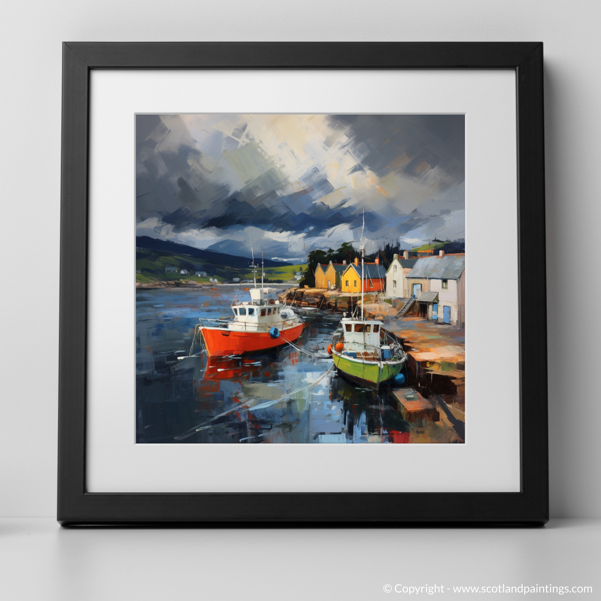 Art Print of Cromarty Harbour with a stormy sky with a black frame