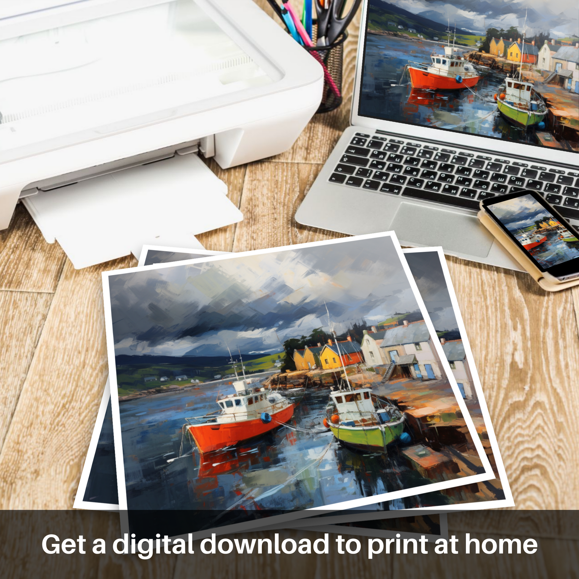 Downloadable and printable picture of Cromarty Harbour with a stormy sky