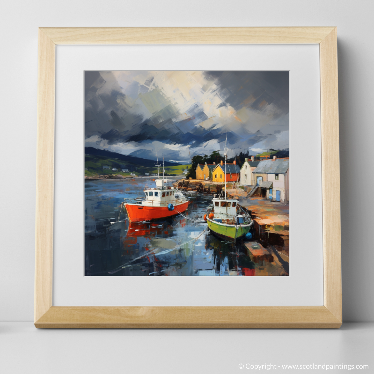 Art Print of Cromarty Harbour with a stormy sky with a natural frame