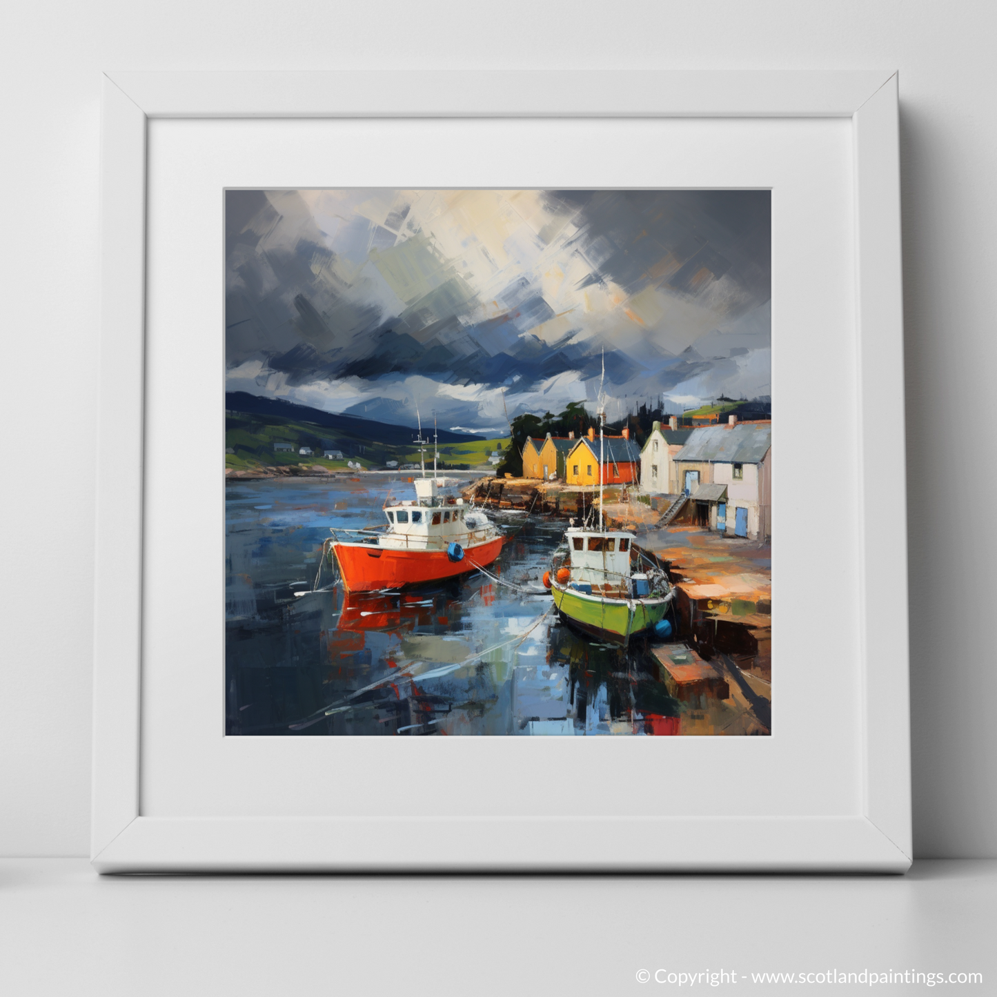 Art Print of Cromarty Harbour with a stormy sky with a white frame