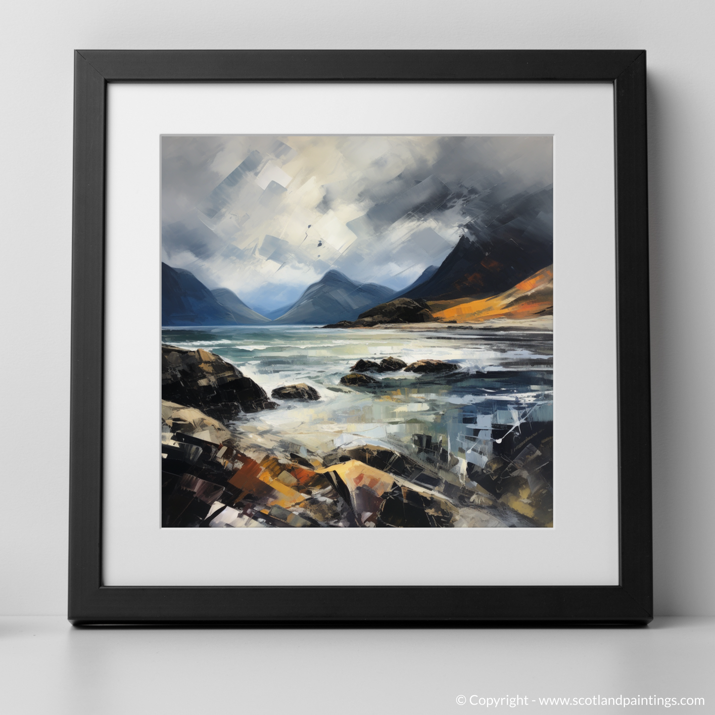 Art Print of Elgol Bay with a stormy sky with a black frame