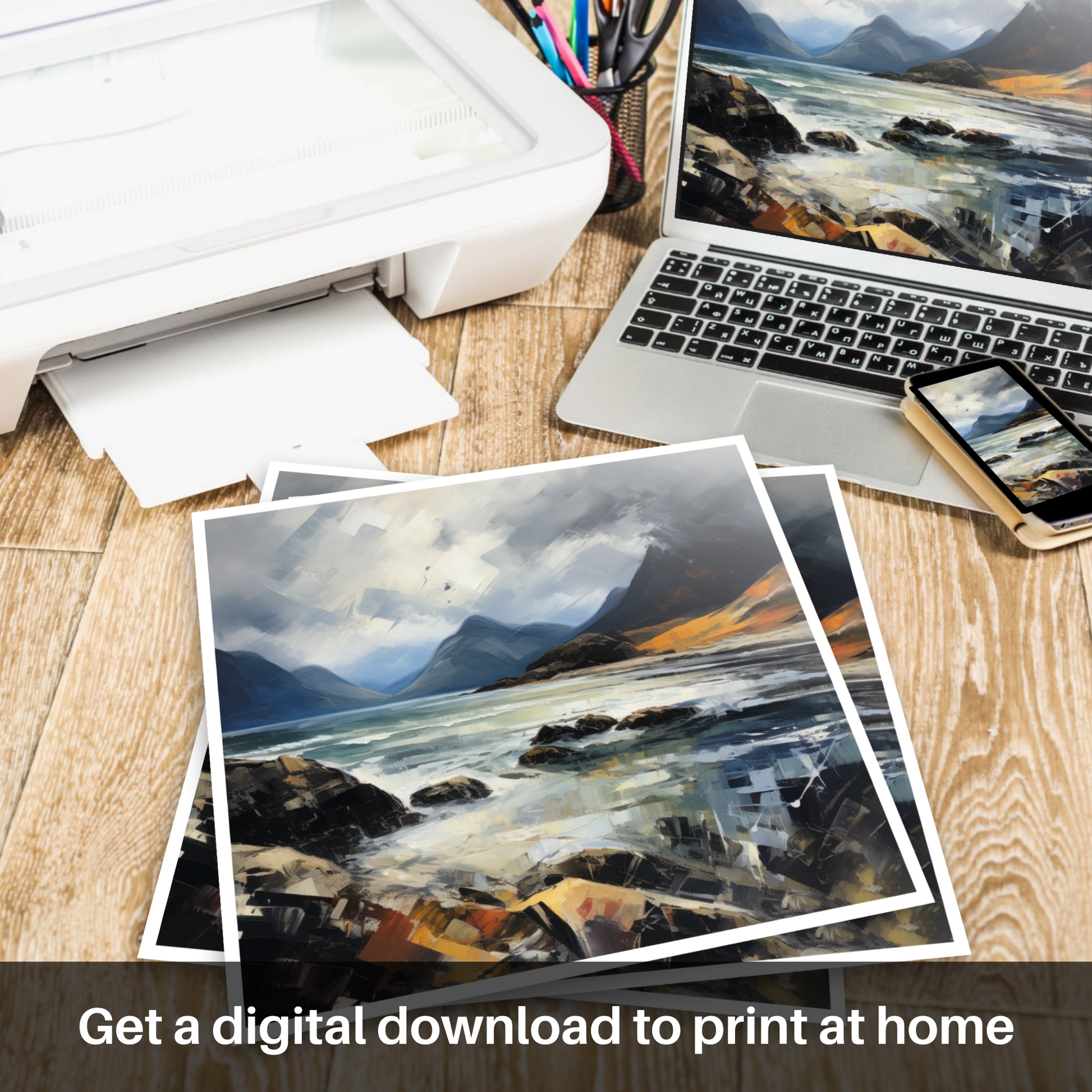 Downloadable and printable picture of Elgol Bay with a stormy sky