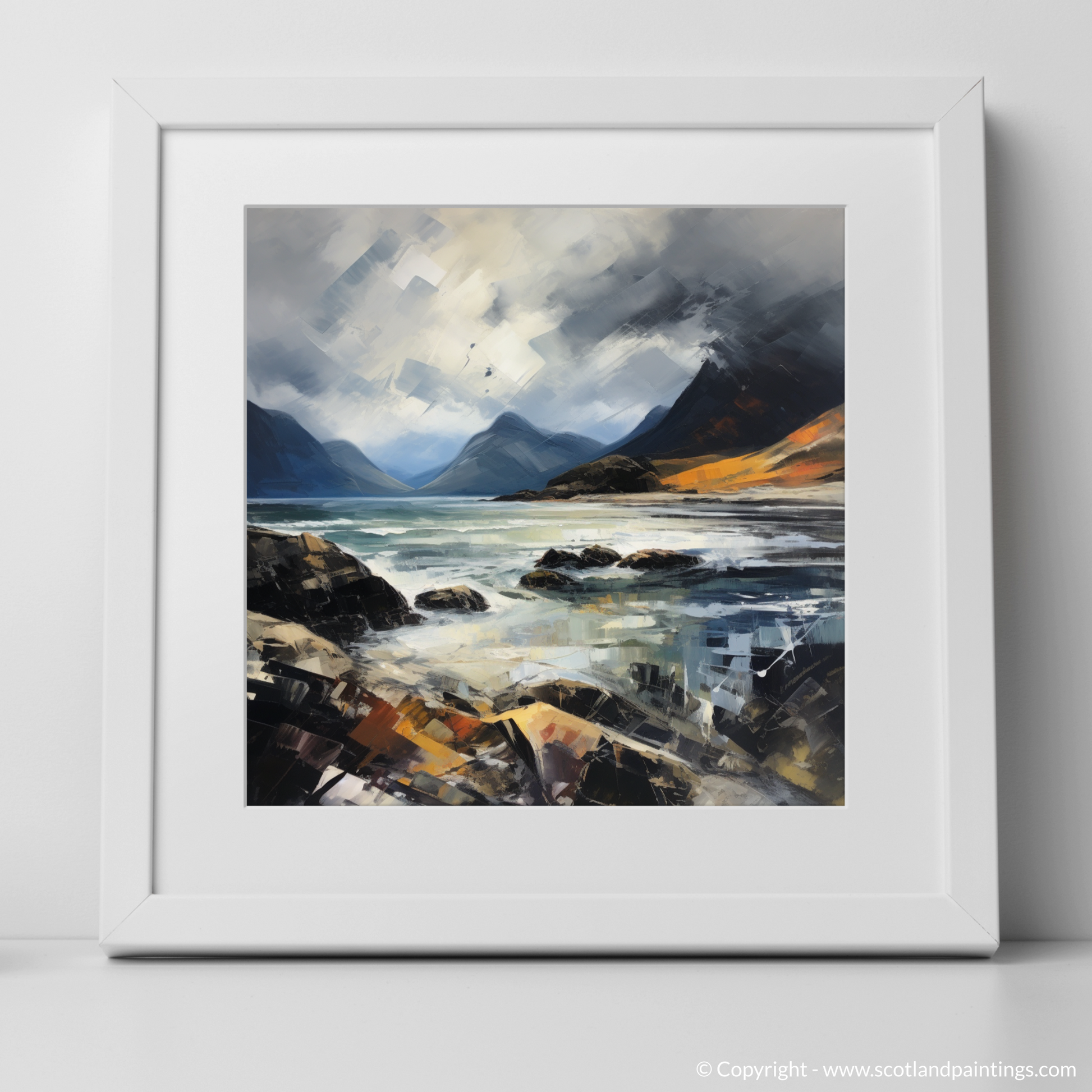 Art Print of Elgol Bay with a stormy sky with a white frame