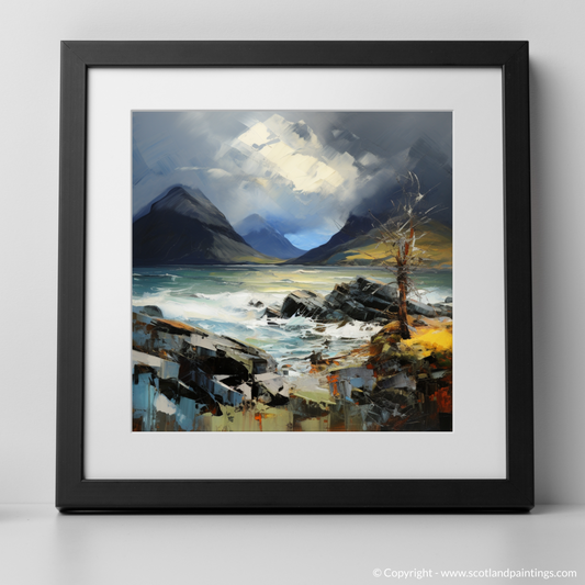 Art Print of Elgol Bay with a stormy sky with a black frame