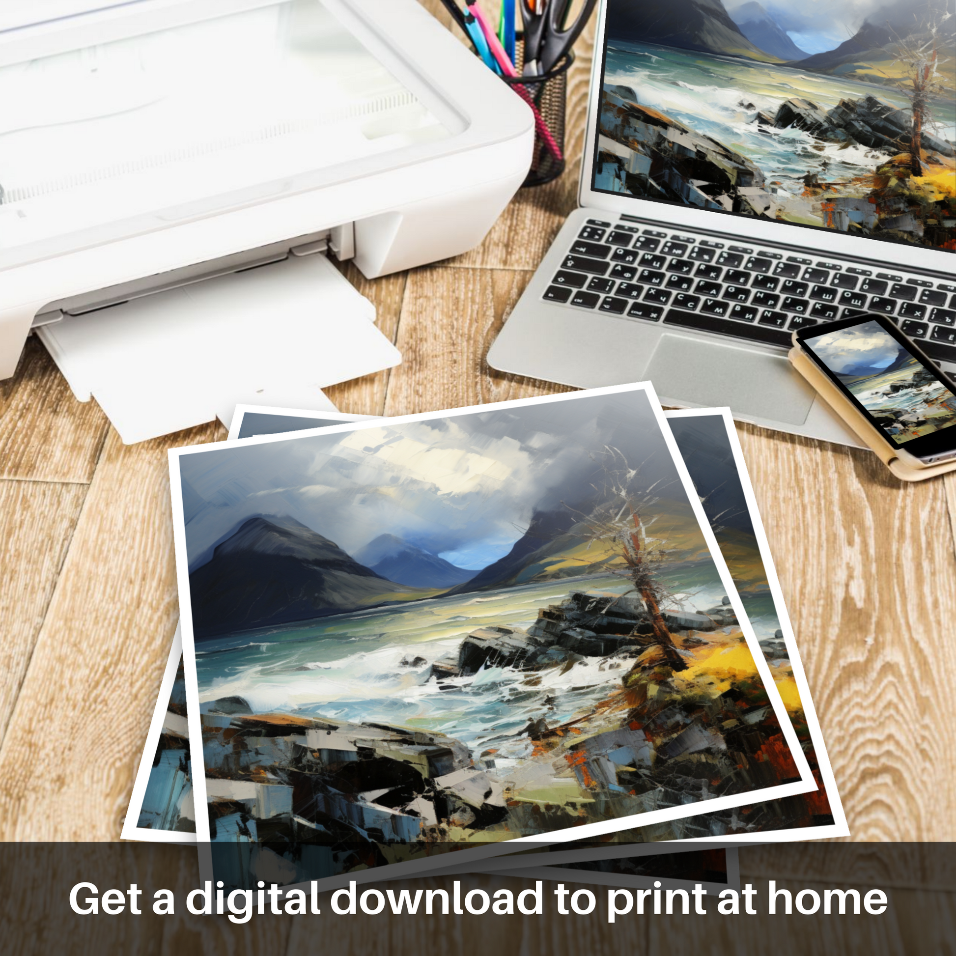 Downloadable and printable picture of Elgol Bay with a stormy sky