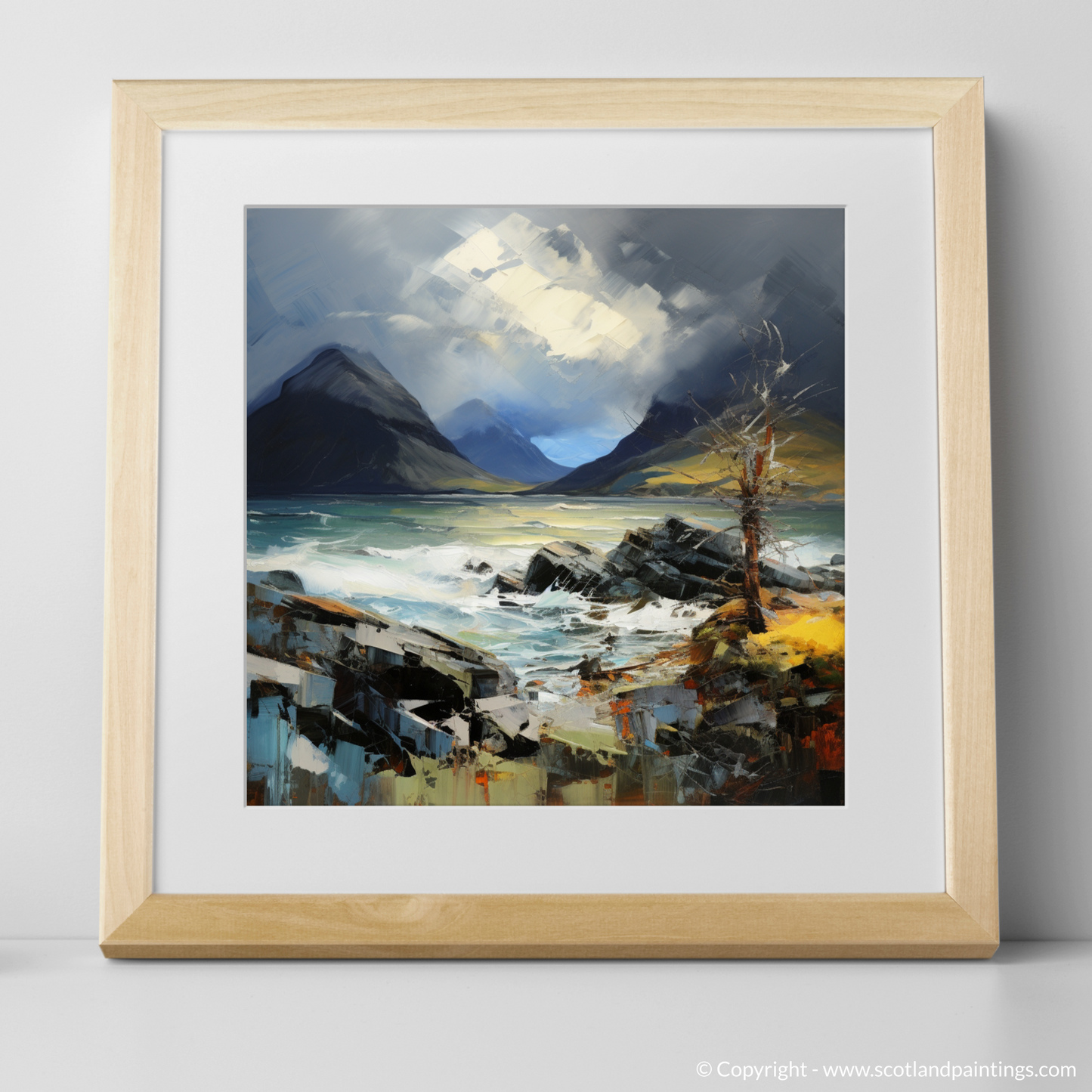 Art Print of Elgol Bay with a stormy sky with a natural frame