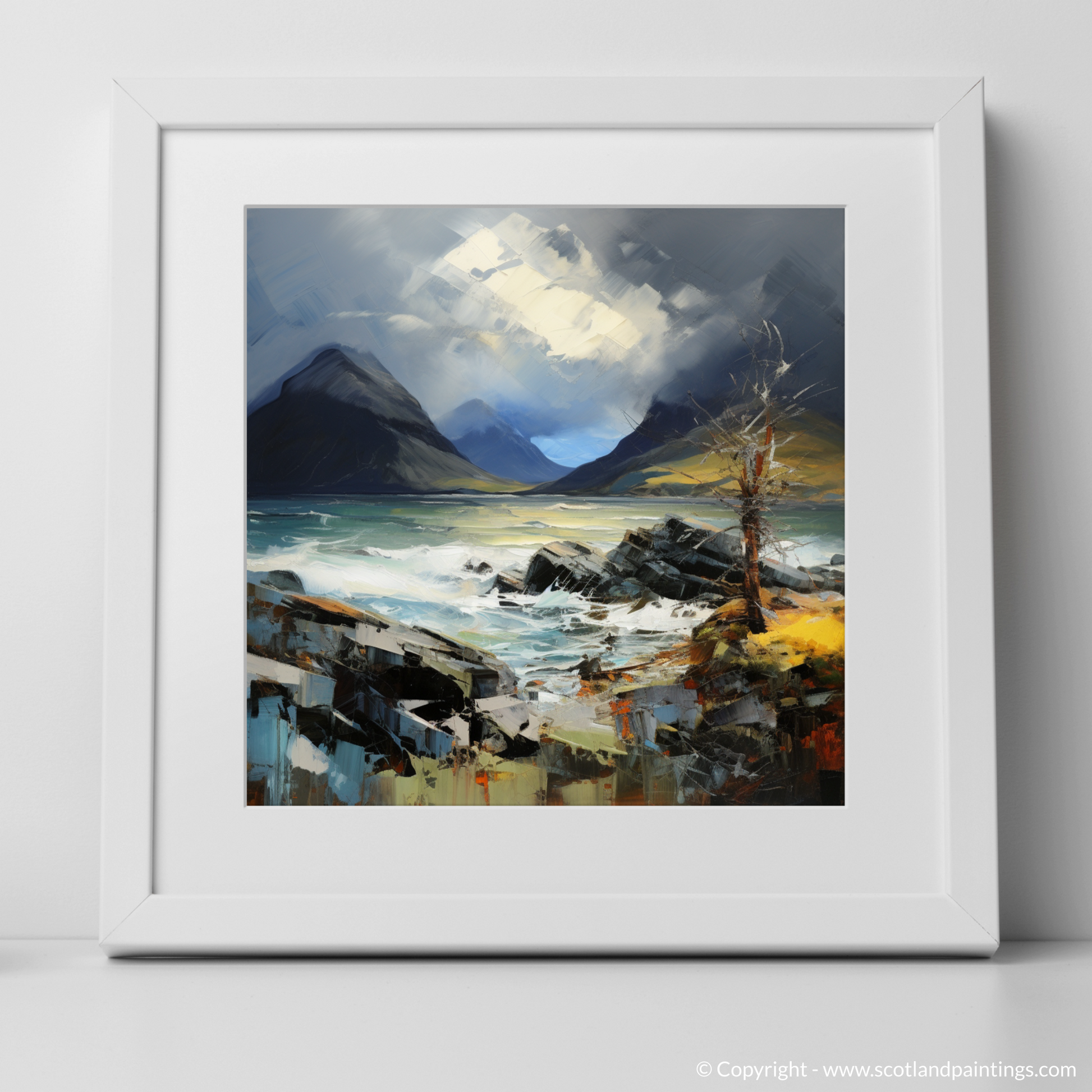 Art Print of Elgol Bay with a stormy sky with a white frame