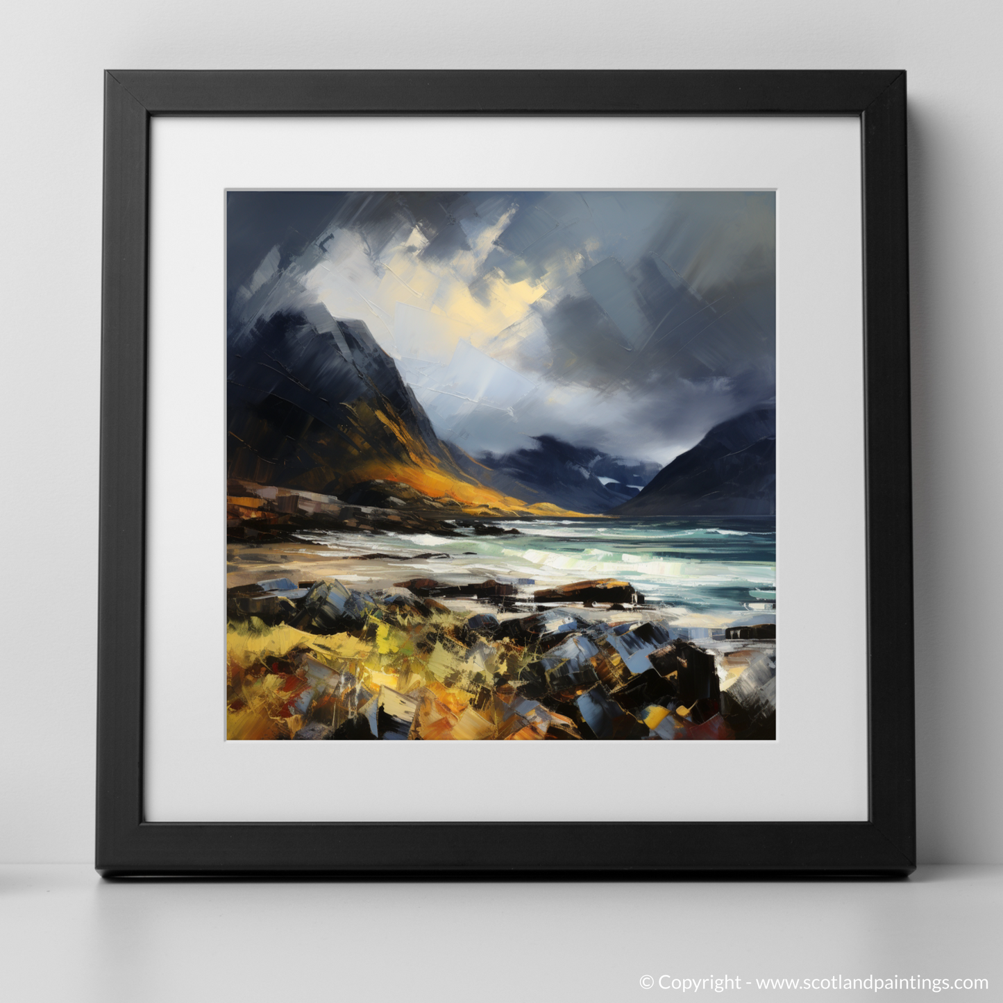 Art Print of Elgol Bay with a stormy sky with a black frame