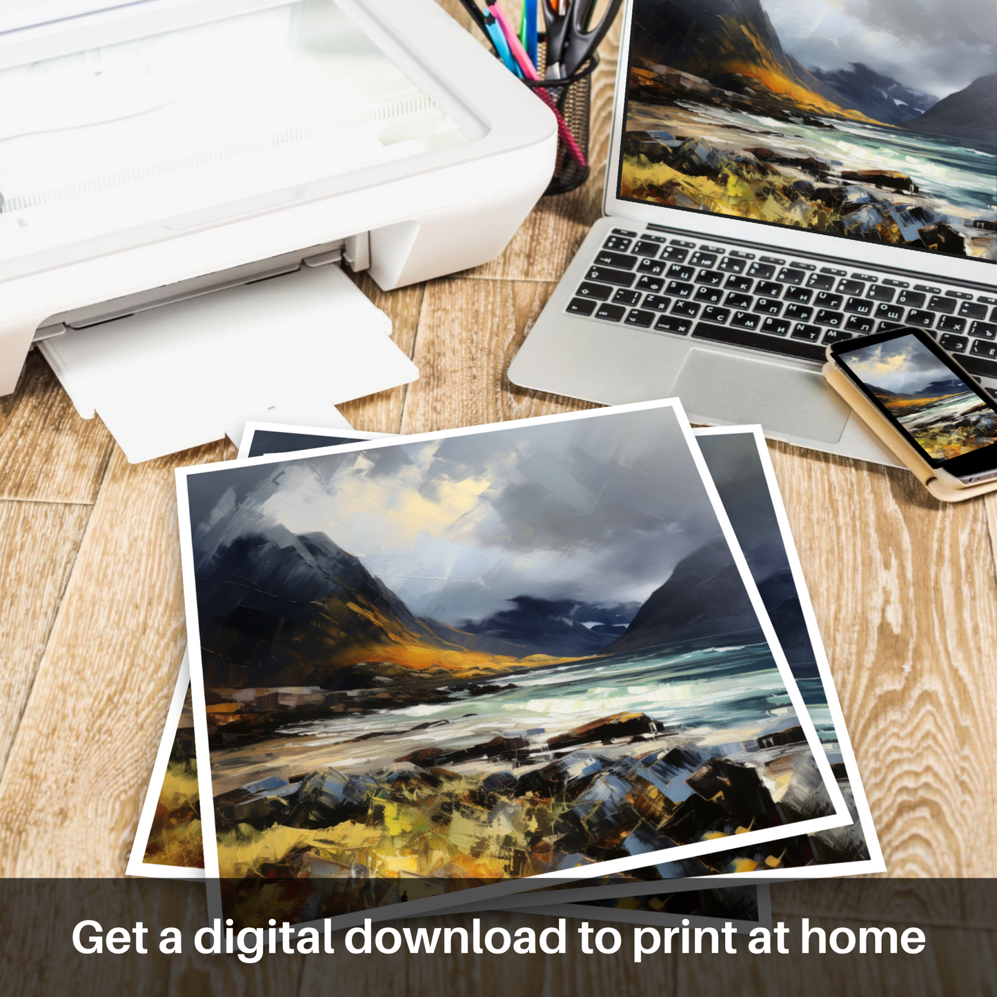 Downloadable and printable picture of Elgol Bay with a stormy sky