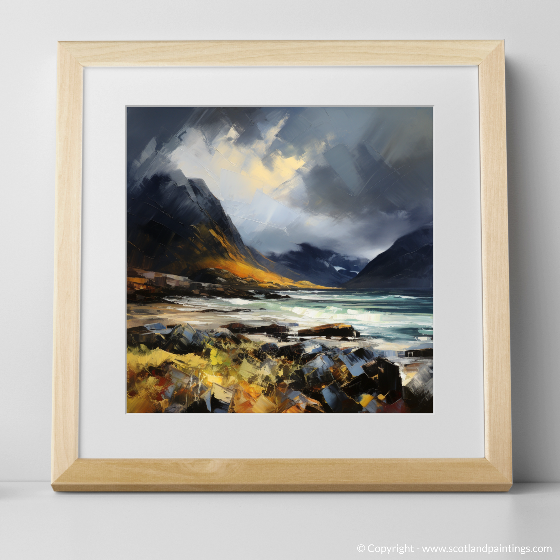 Art Print of Elgol Bay with a stormy sky with a natural frame