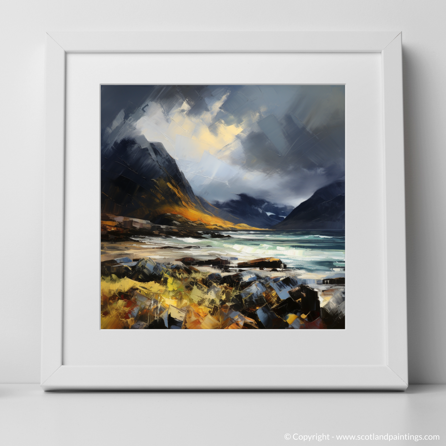Art Print of Elgol Bay with a stormy sky with a white frame