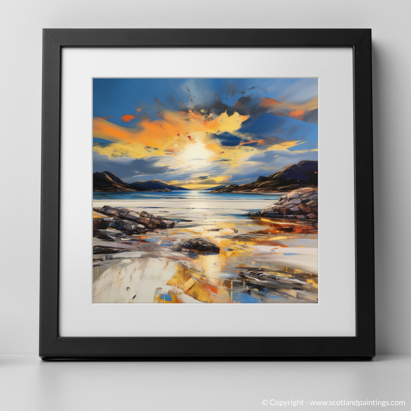 Art Print of Camusdarach Beach at golden hour with a black frame