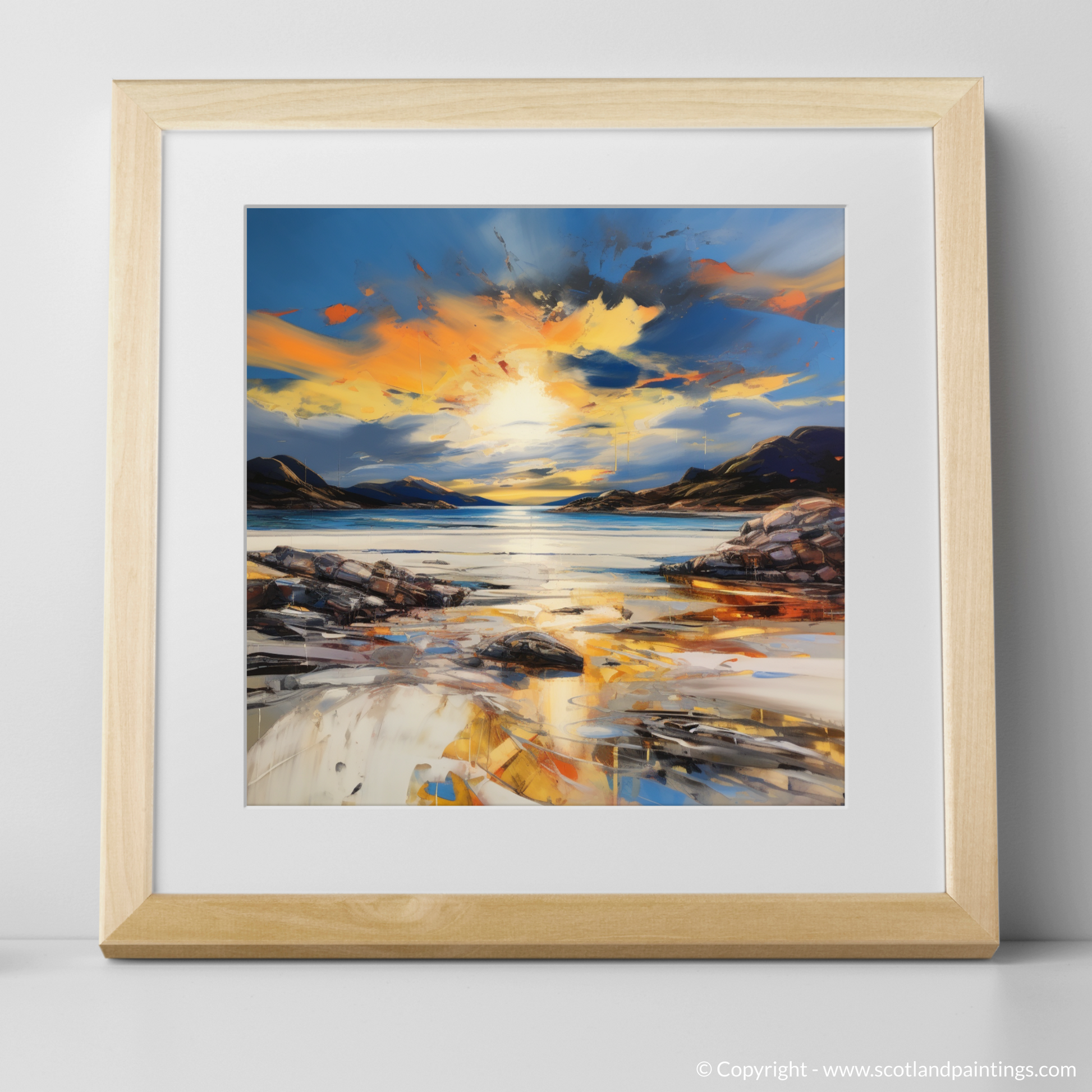 Art Print of Camusdarach Beach at golden hour with a natural frame