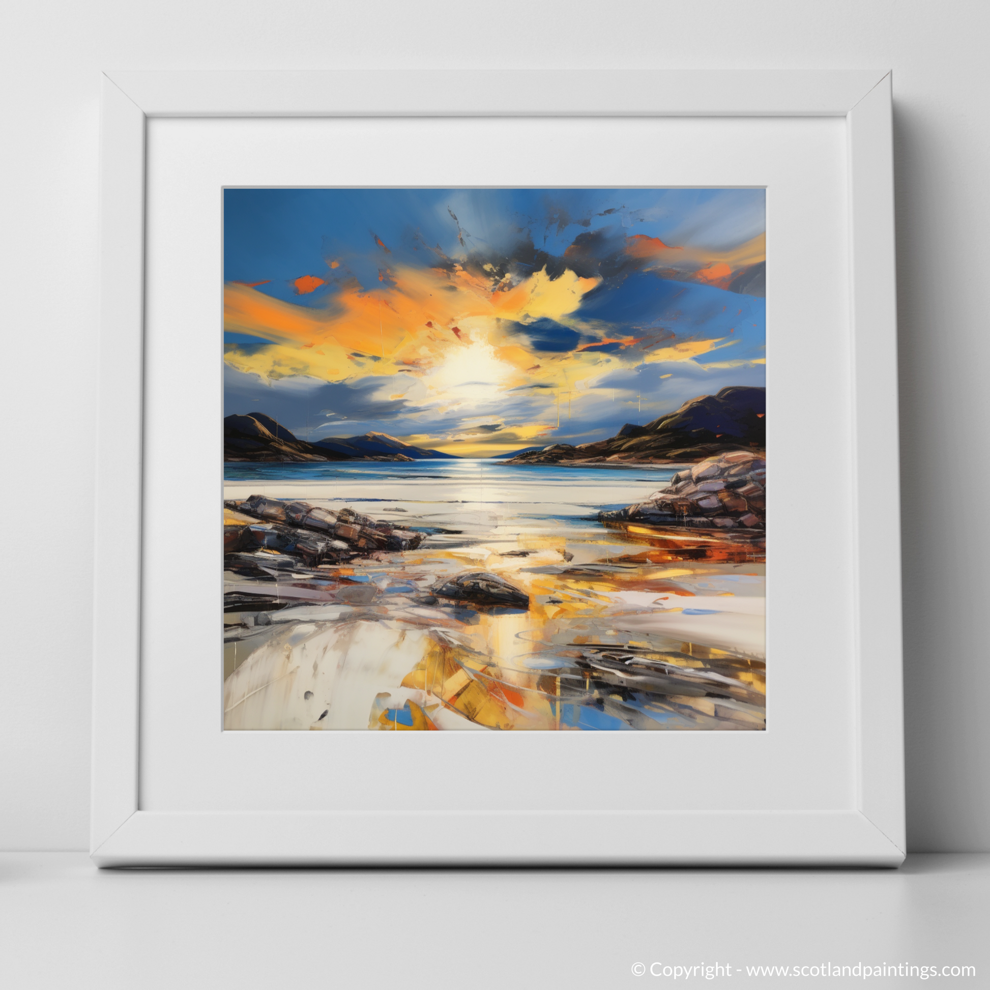 Art Print of Camusdarach Beach at golden hour with a white frame