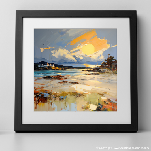 Art Print of Camusdarach Beach at golden hour with a black frame